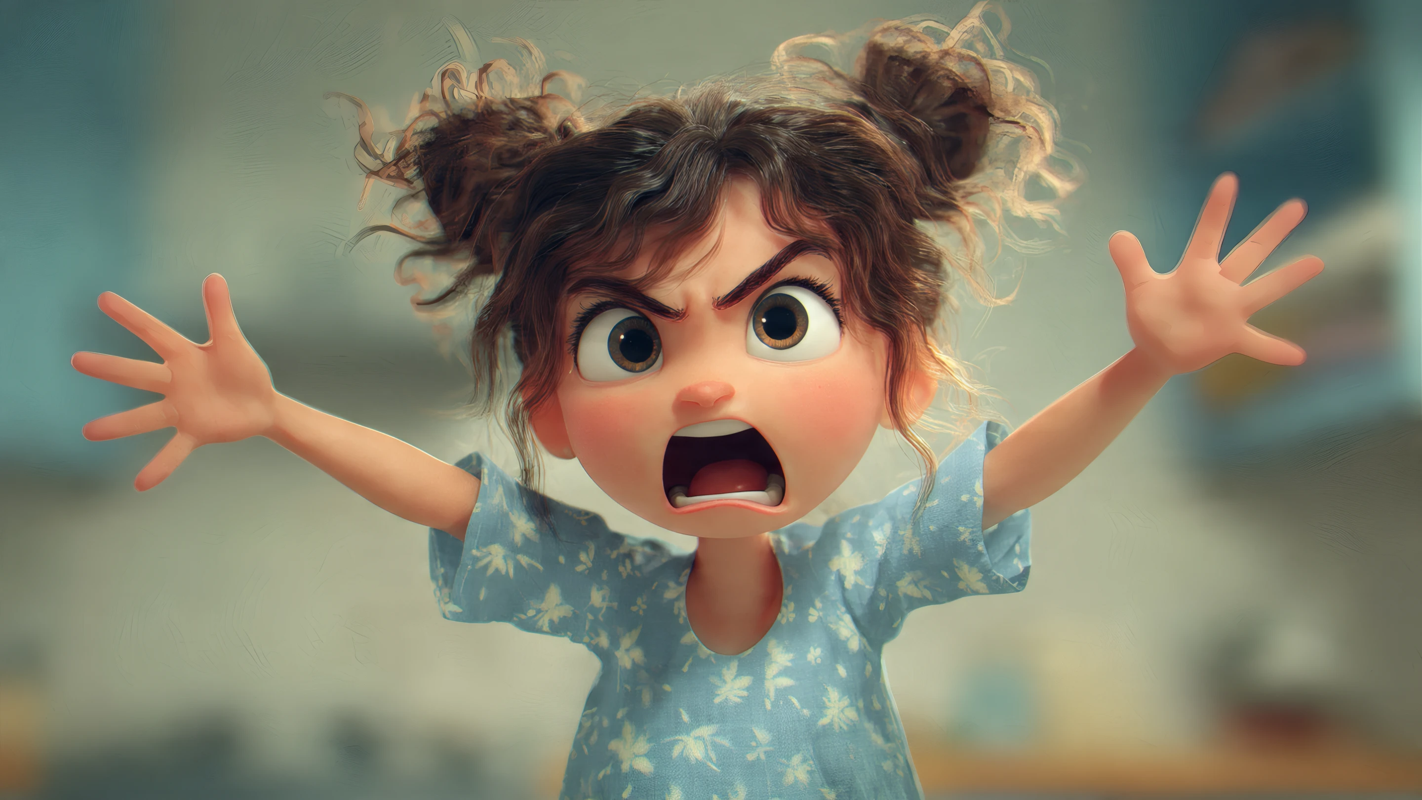 Cartoon Girl with Angry Expression and Pigtails