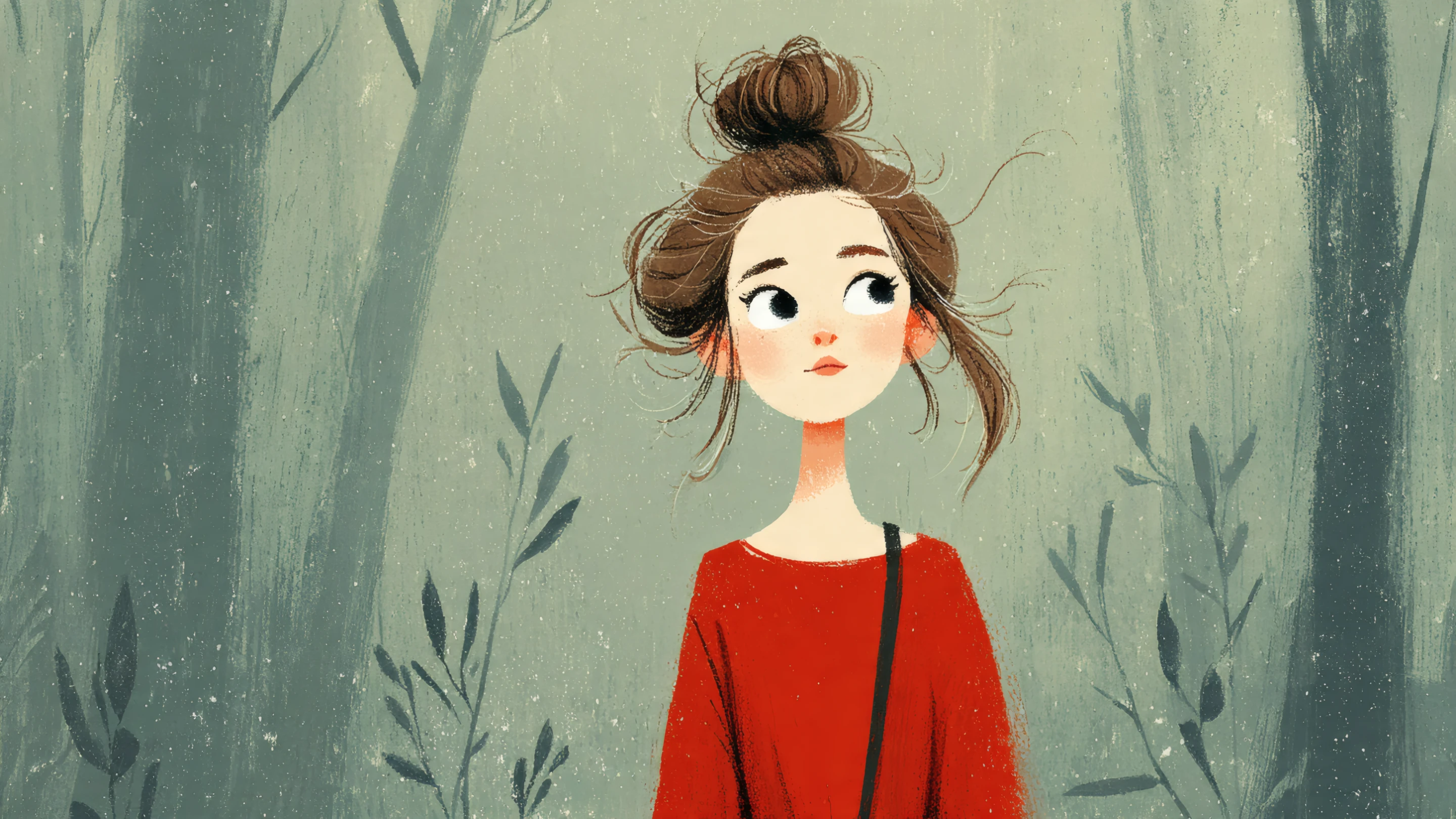 Cartoon Girl with Red Sweater in Forest Illustration