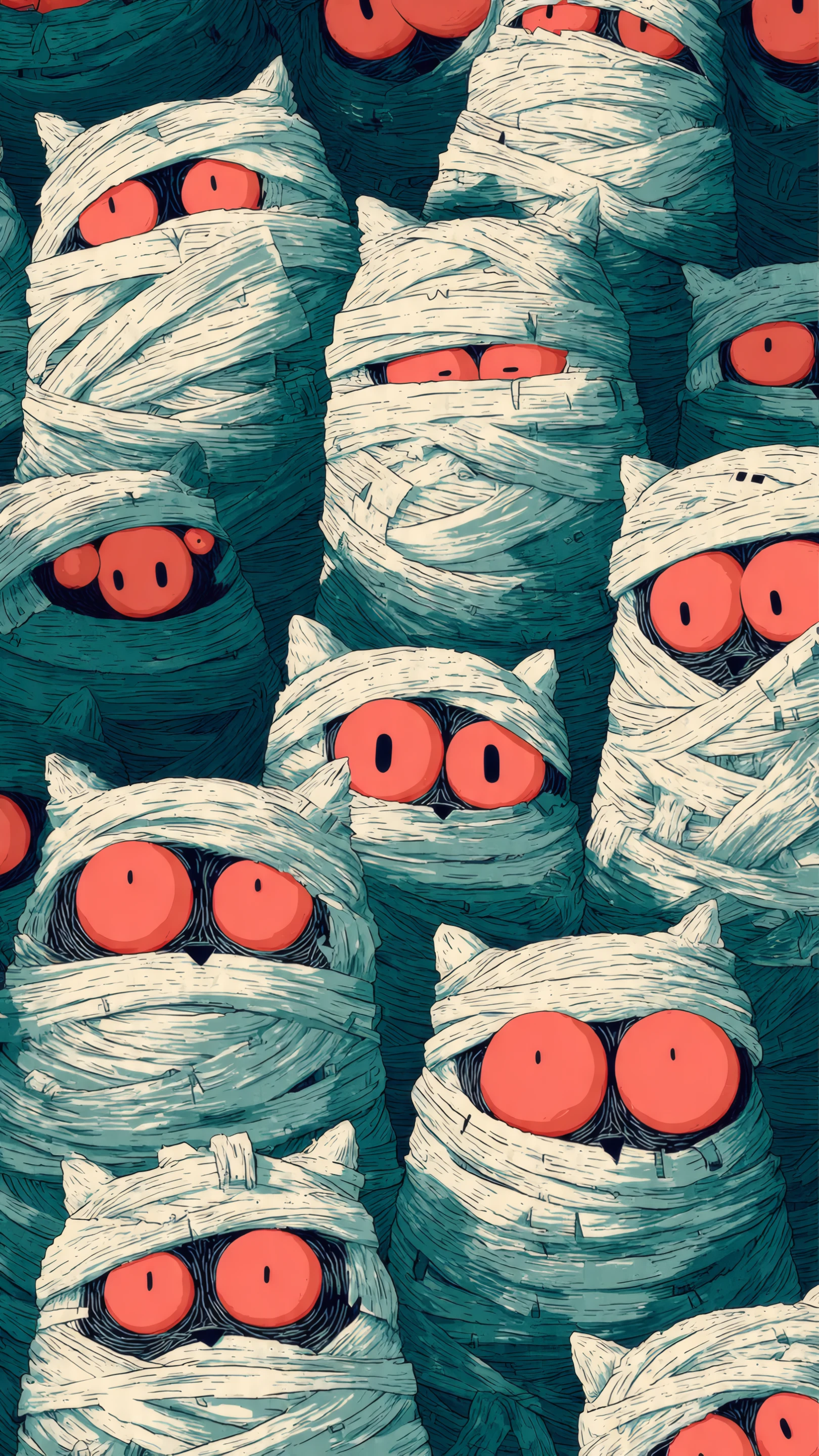 Cartoon Mummy Cats with Red Eyes Illustration
