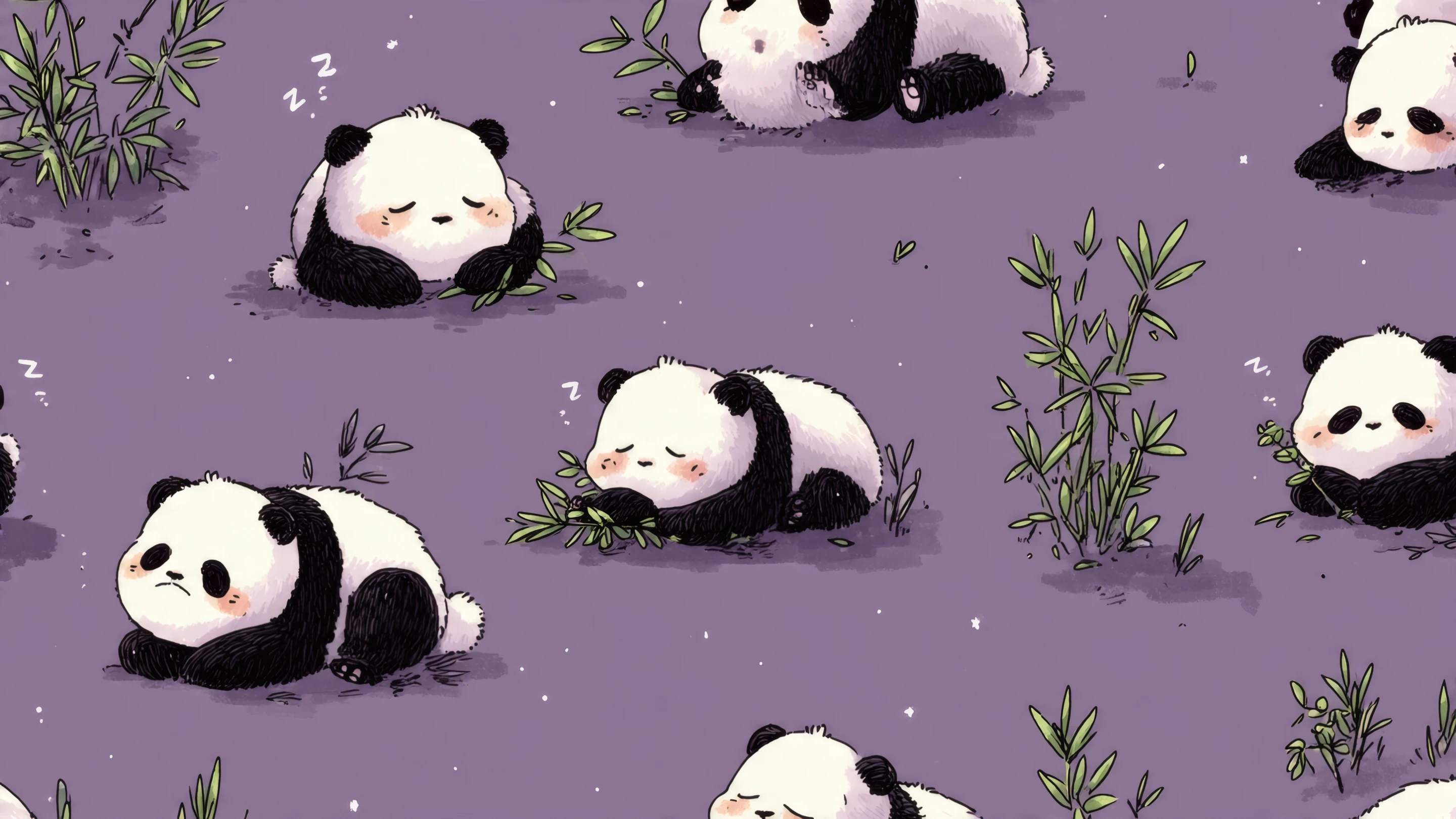 Cartoon Pandas Sleeping on Purple Background Pattern
