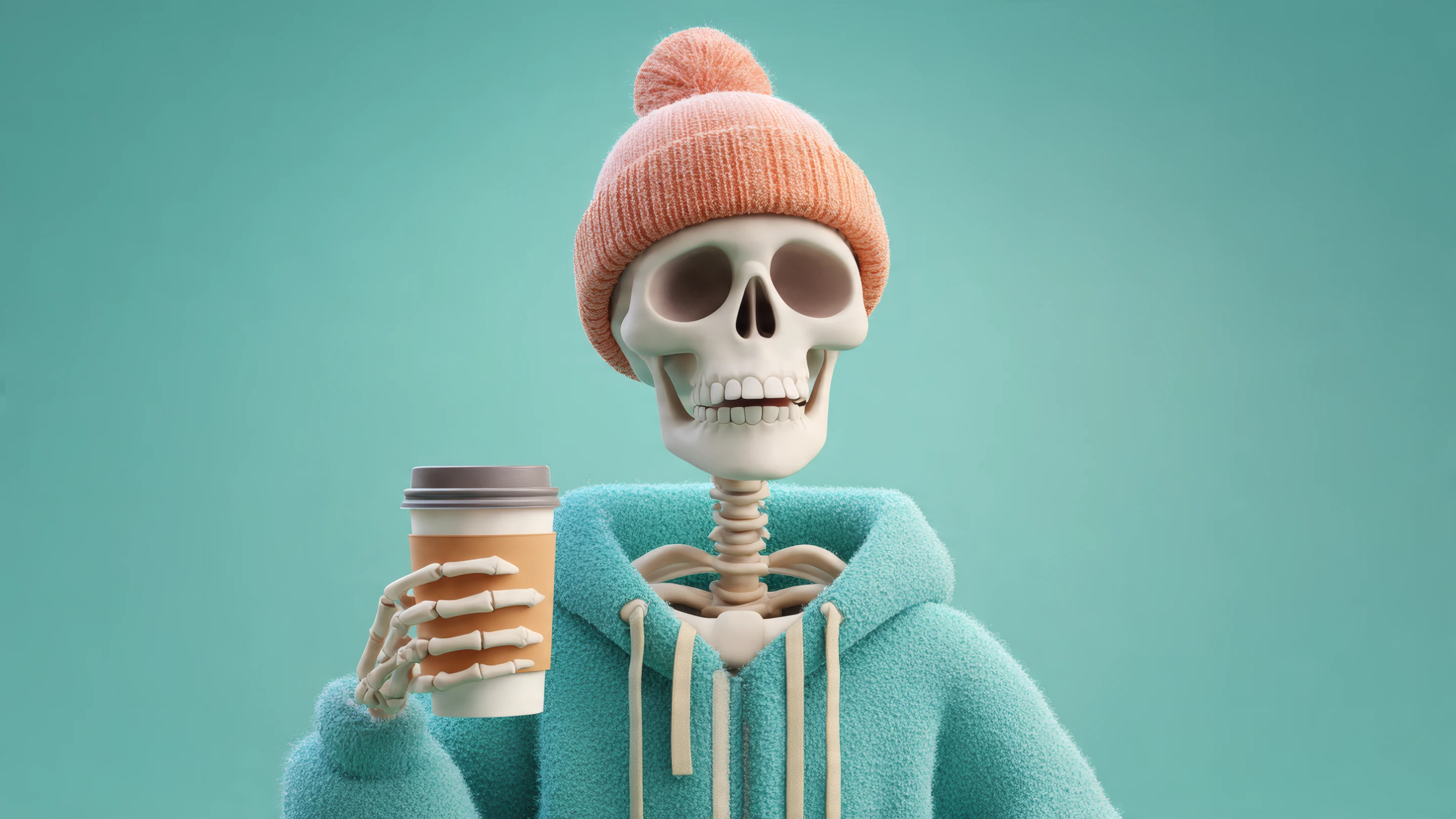 Cartoon Skeleton with Coffee Cup and Beanie