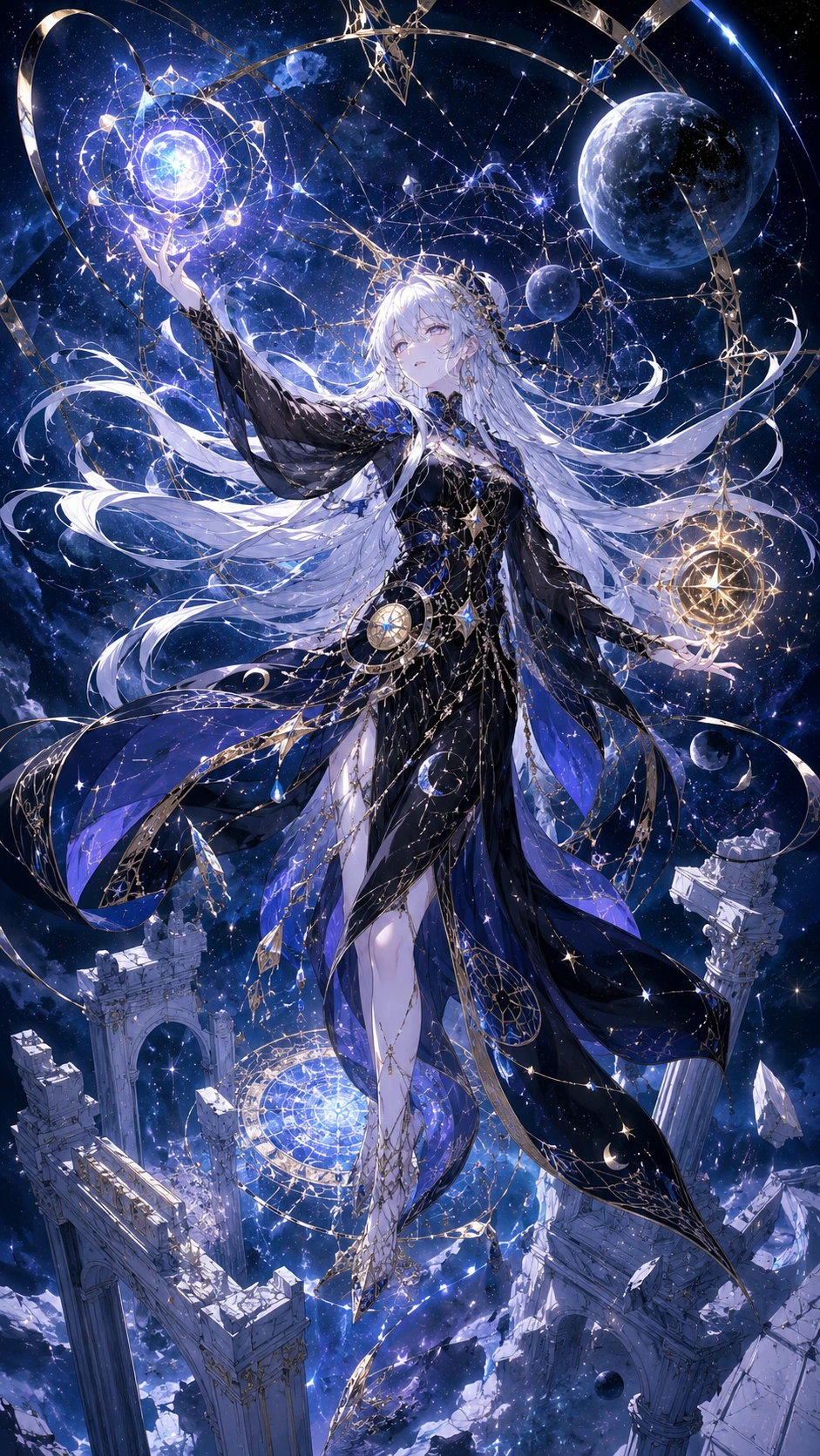 Celestial Sorceress in Starlit Gown Anime wallpaper 941x1672