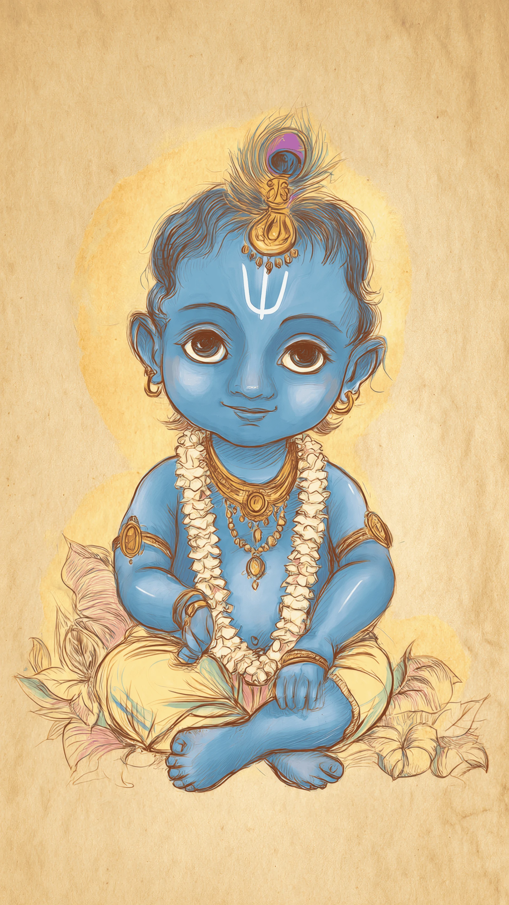 Charming Baby Krishna Illustration with Peacock Feather