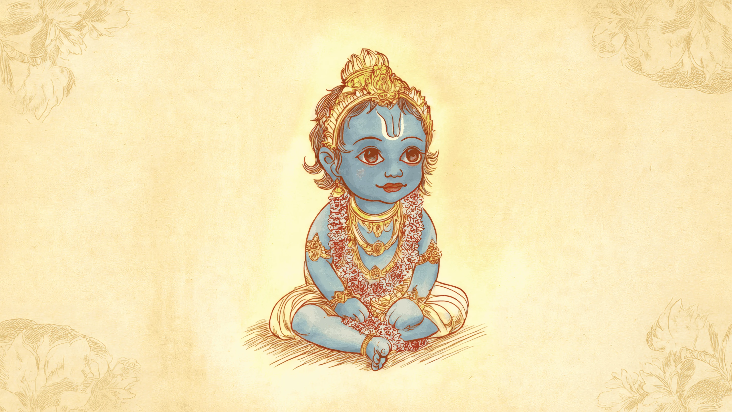 Charming Baby Krishna Sketch on Antique Parchment