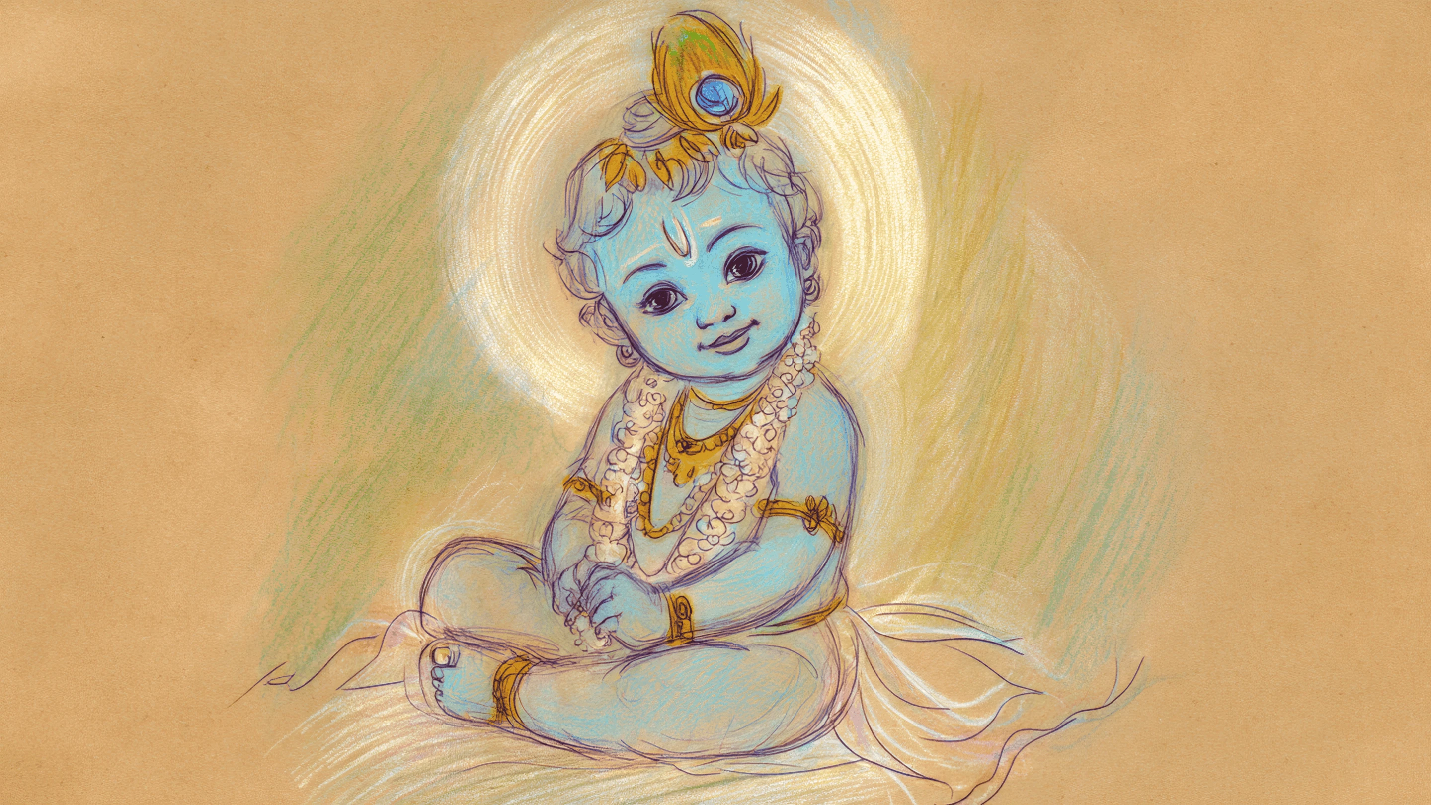 Charming Baby Krishna Sketch with Peacock Feather Crown
