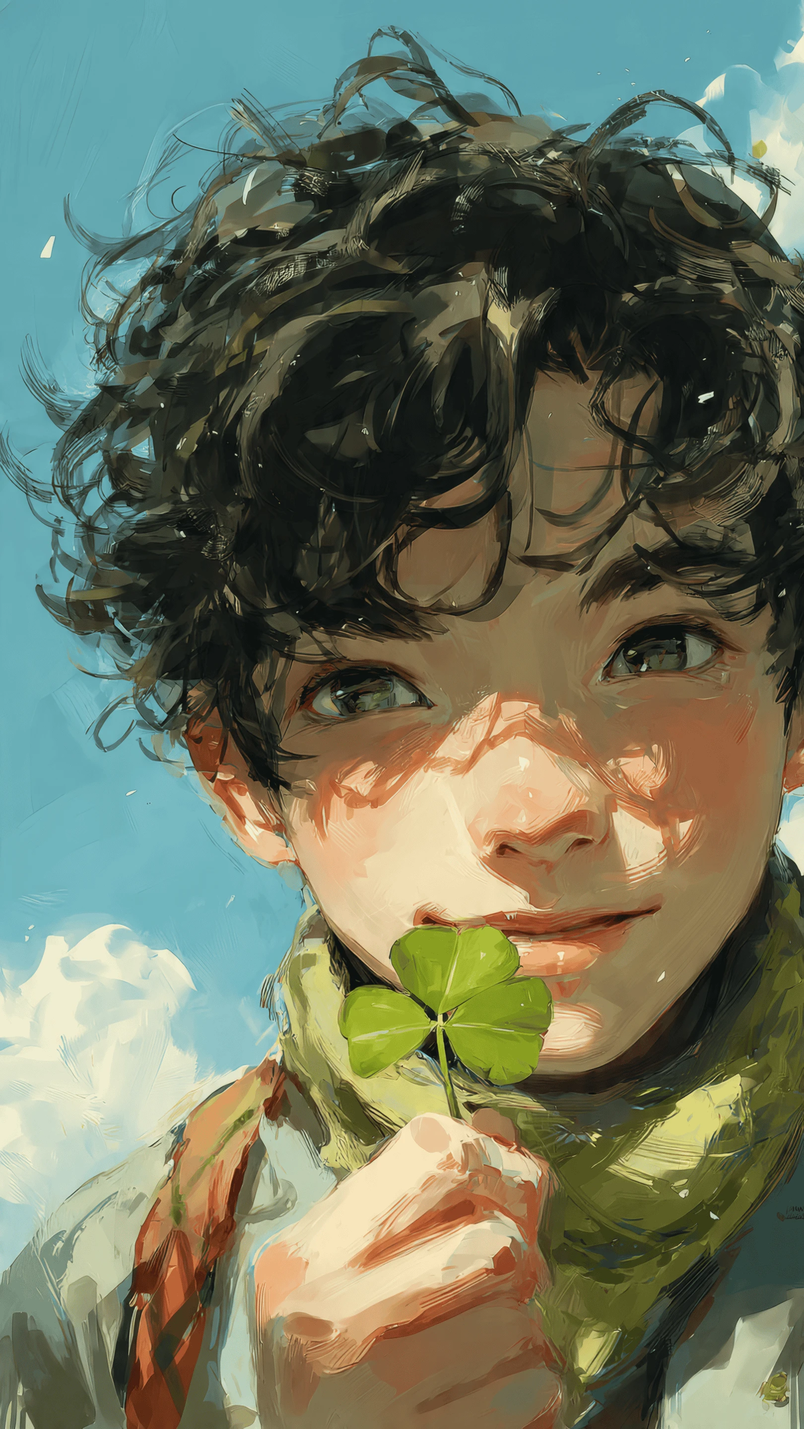 Charming Boy Holding Clover Artistic Illustration