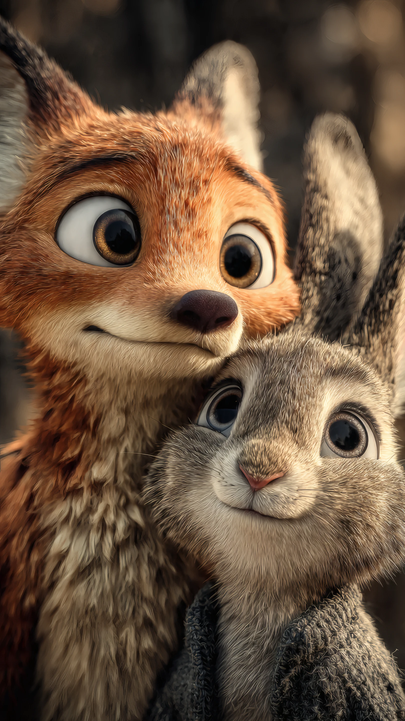 Charming Cartoon Fox and Rabbit Close-up Portrait