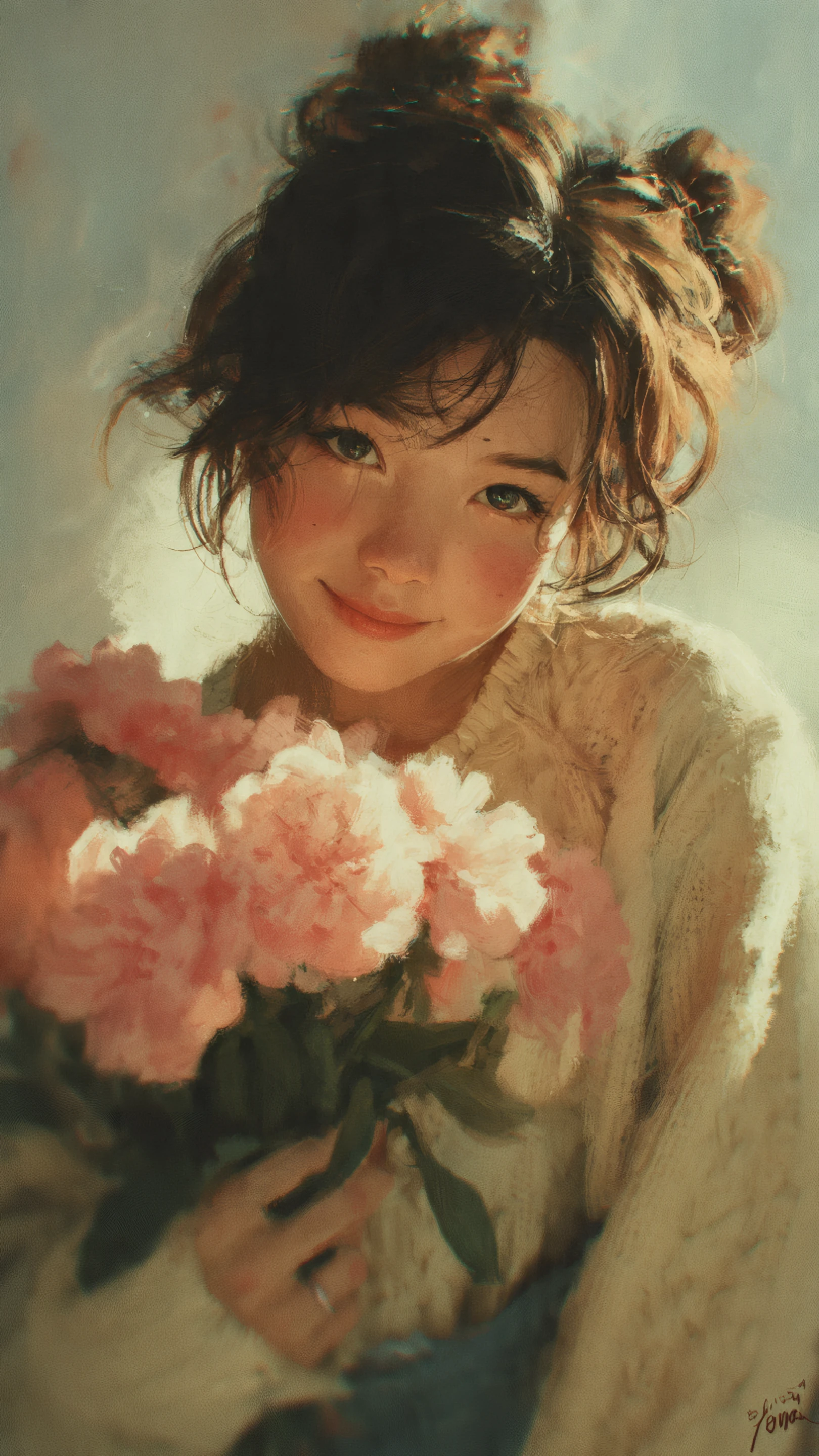 Charming Girl with Peonies Soft Pastel Art Style