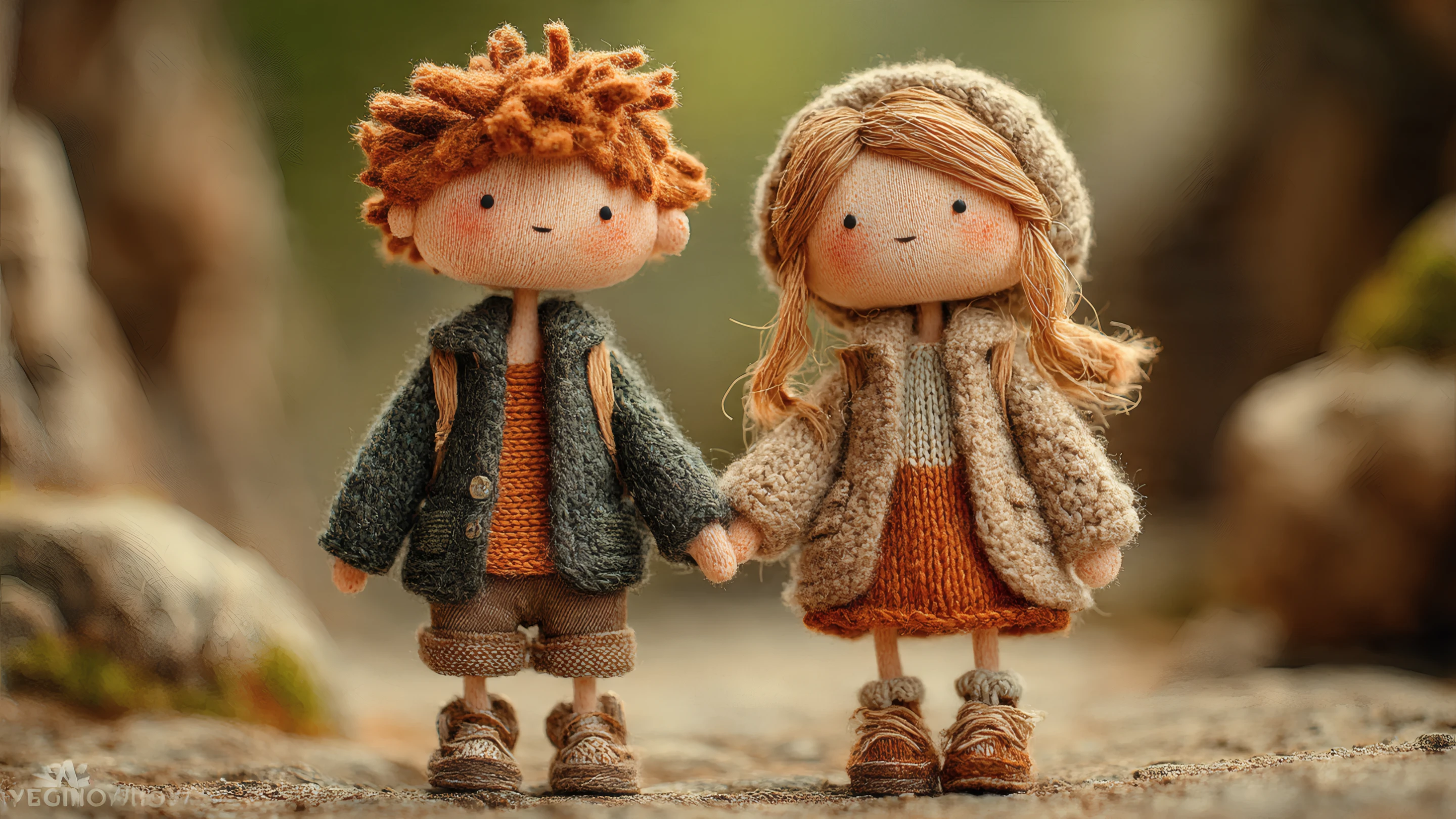 Charming Knitted Dolls Holding Hands in Nature