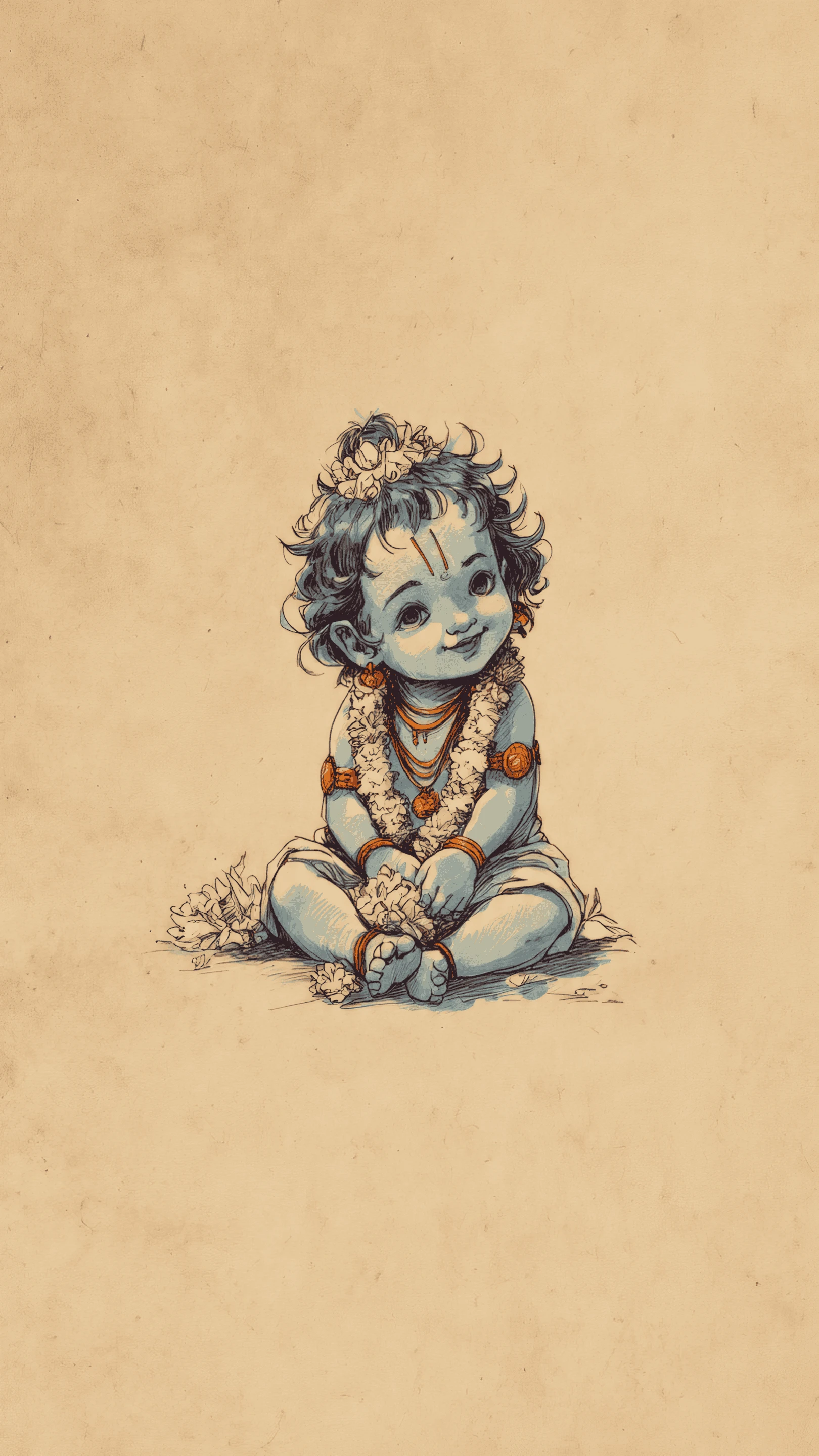 Charming Sketch of Baby Krishna with Floral Garland