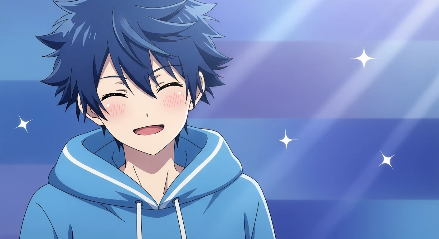 Cheerful Anime Boy with Blue Hair and Hoodie