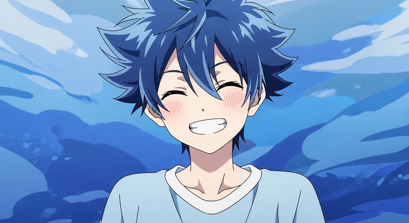 Cheerful Anime Boy with Spiky Blue Hair