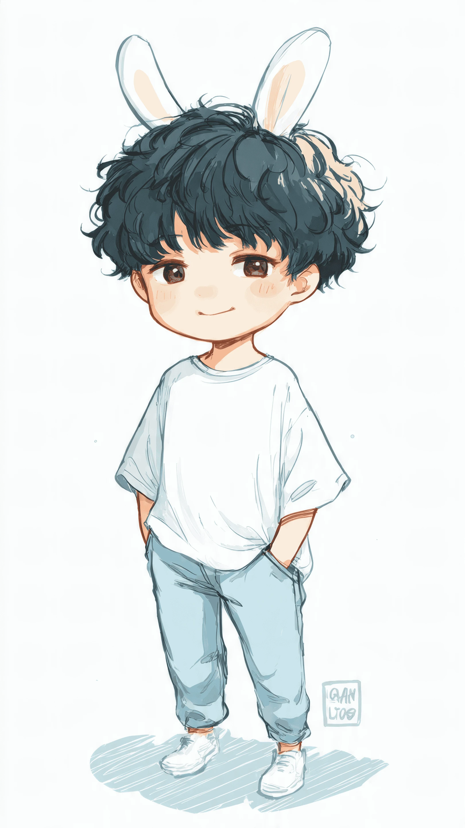 Chibi Boy with Bunny Ears in Casual Outfit Illustration