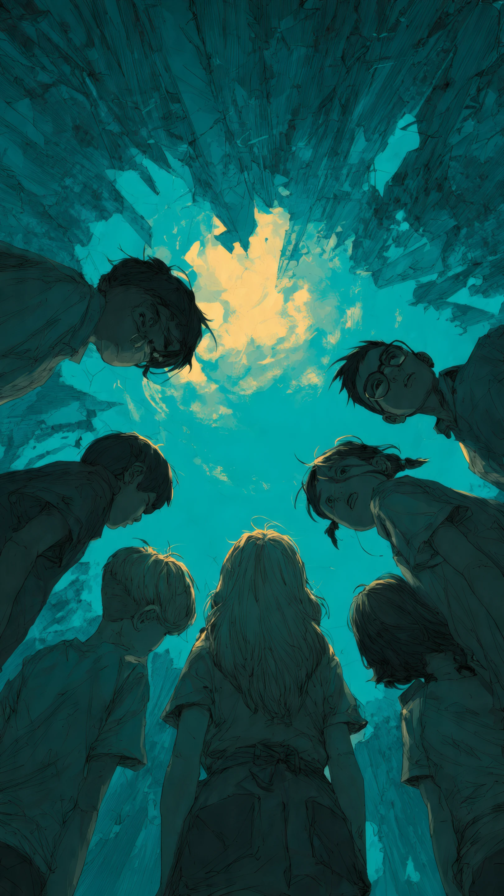 Children Gaze Upward in Teal and Yellow Illustration