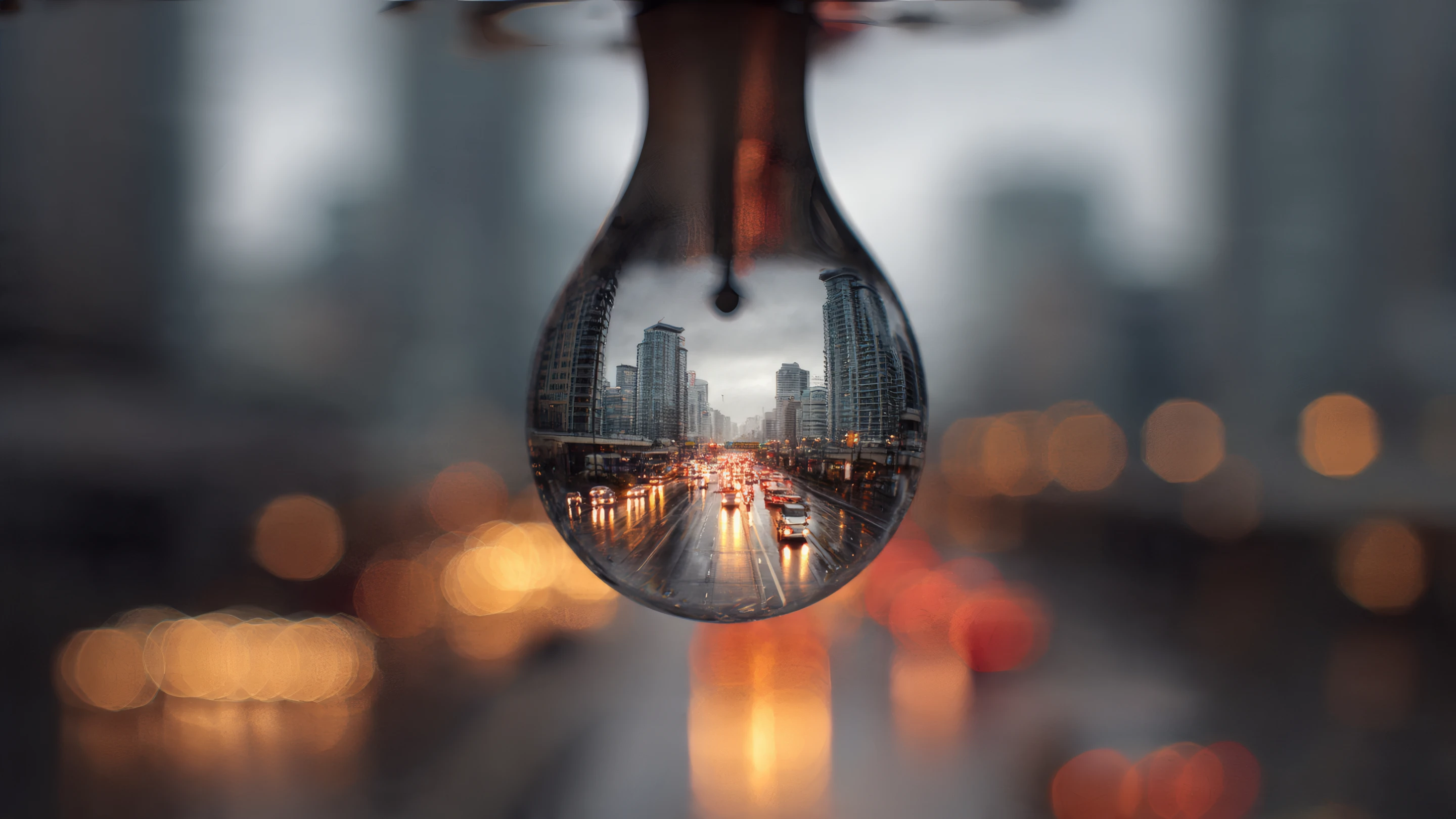 City Street Reflection in a Lightbulb Abstract Art