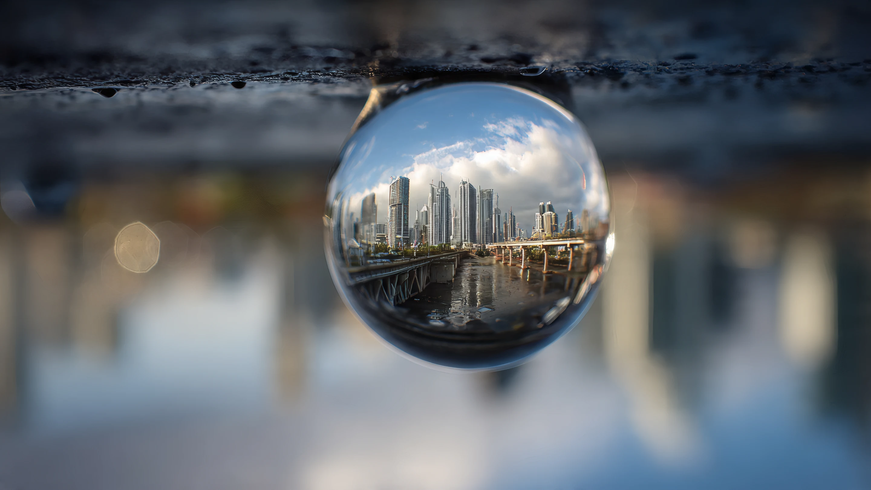 Cityscape Reflection in a Glass Orb Urban Scene Wallpaper