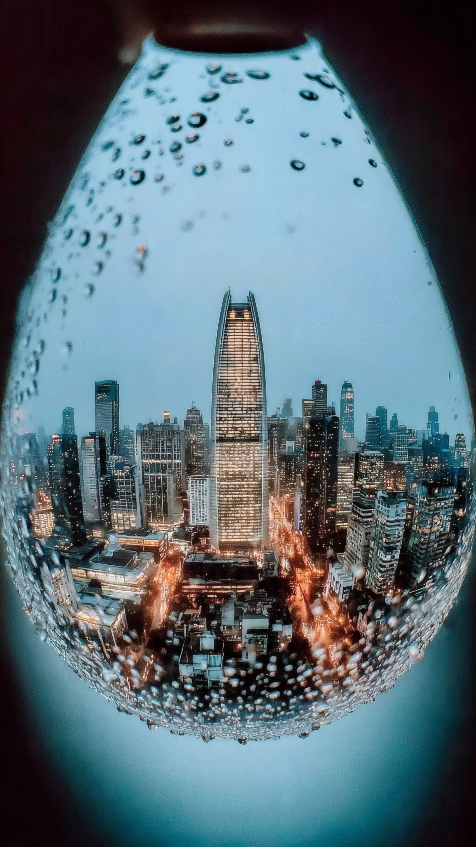 Cityscape Reflection in Water Droplet on Glass Surface Wallpaper