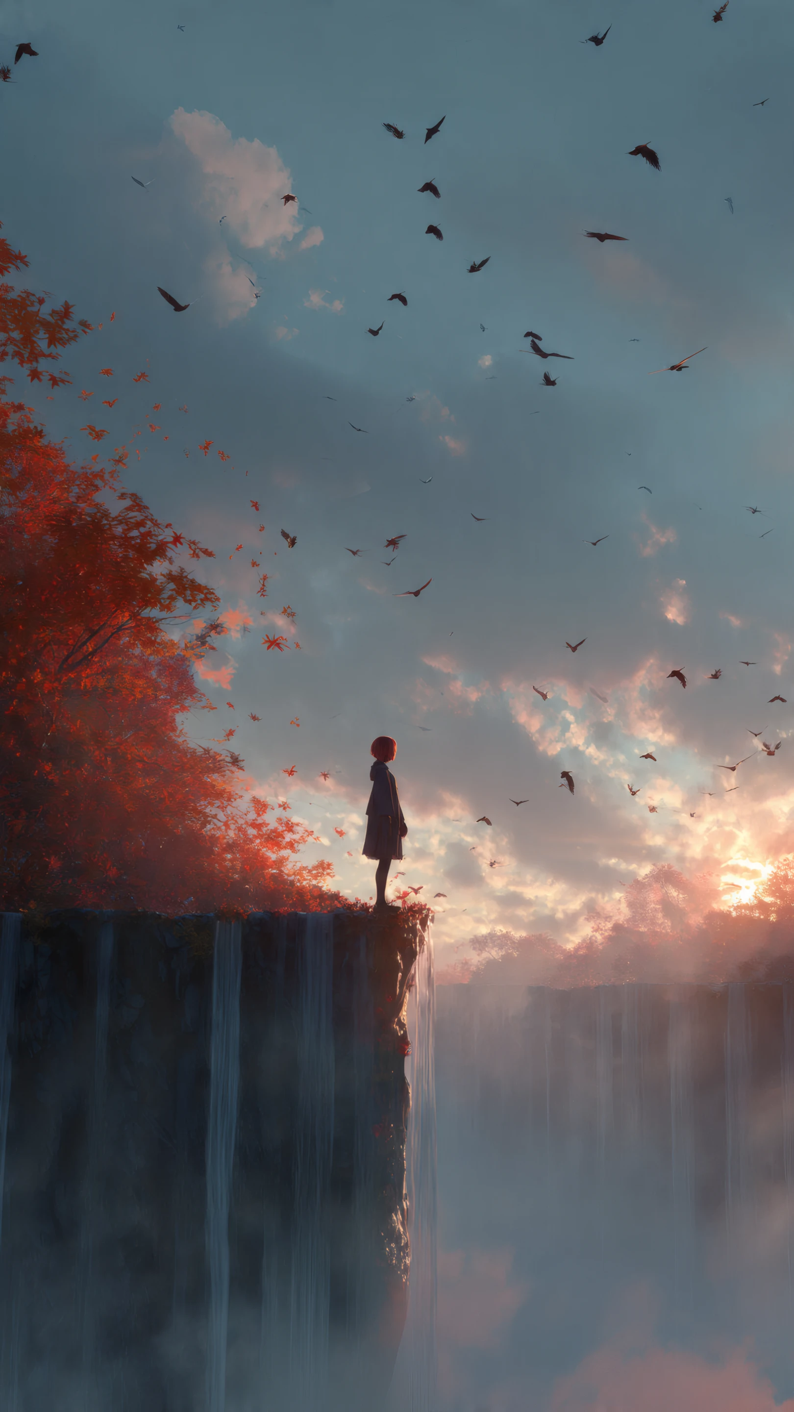 Cliffside Contemplation at Sunset with Birds