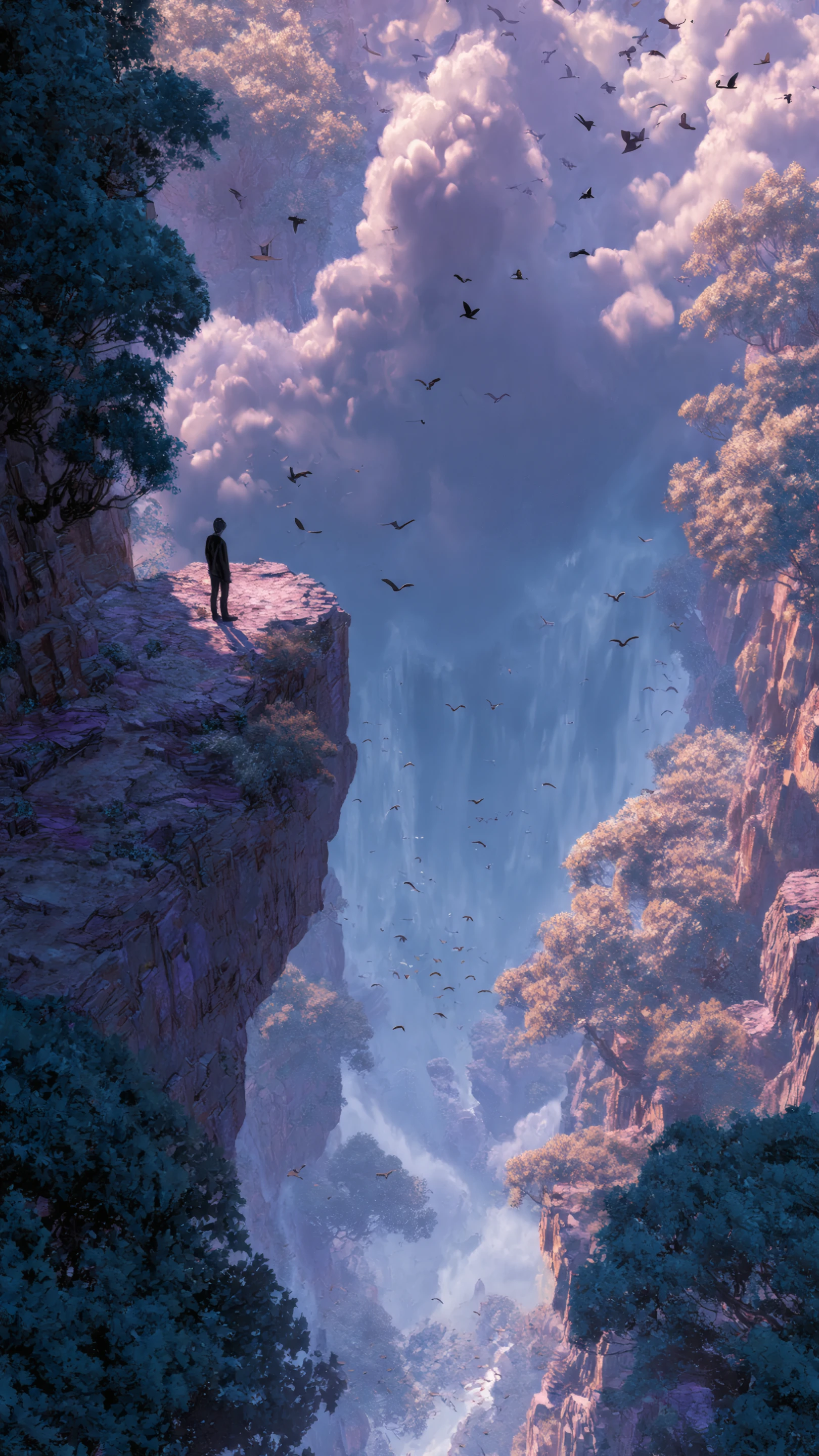 Cliffside Vista a Solitary Figure Amidst Misty Peaks