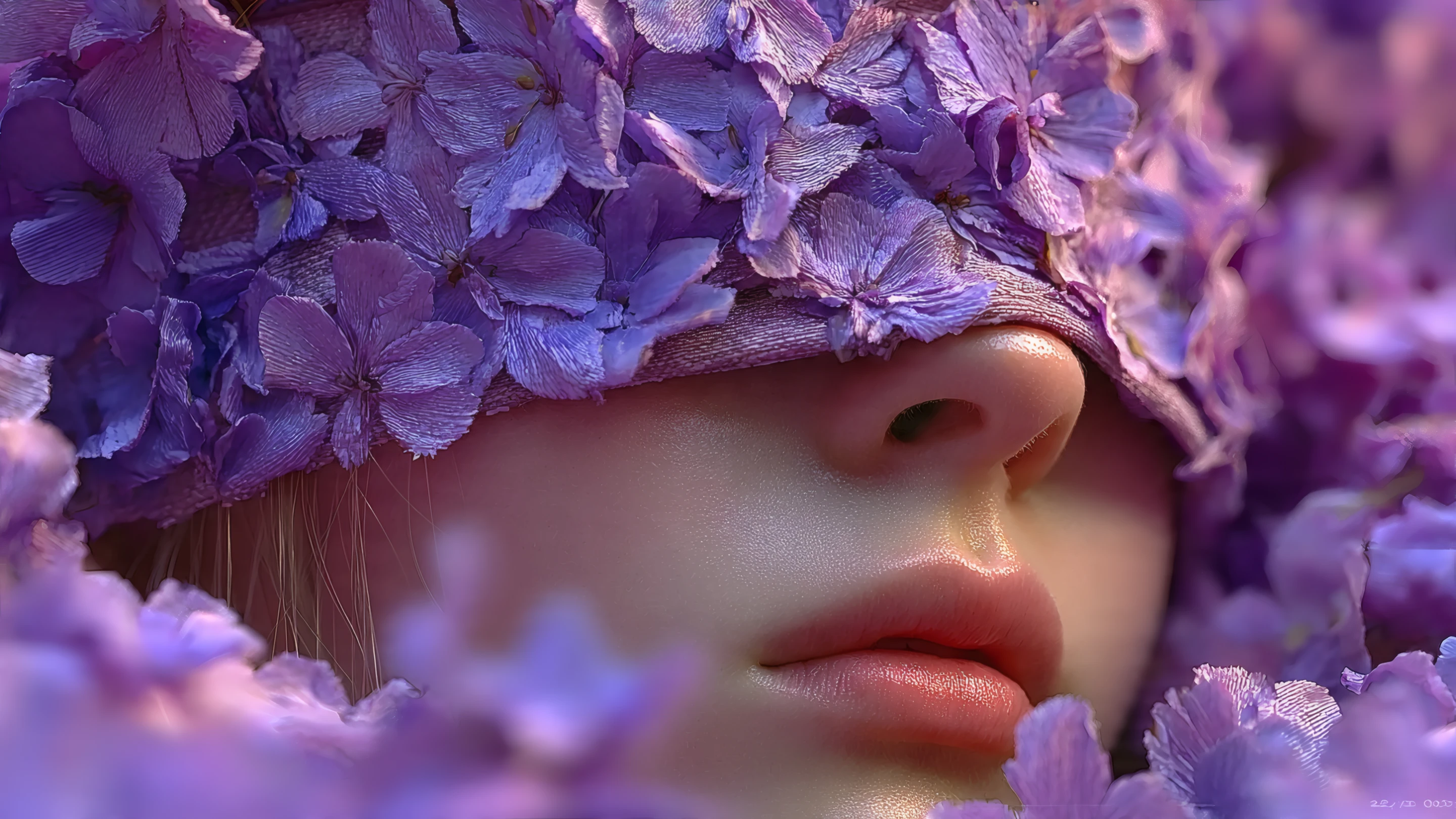 Close-up of Woman's Face Adorned with Purple Flowers
