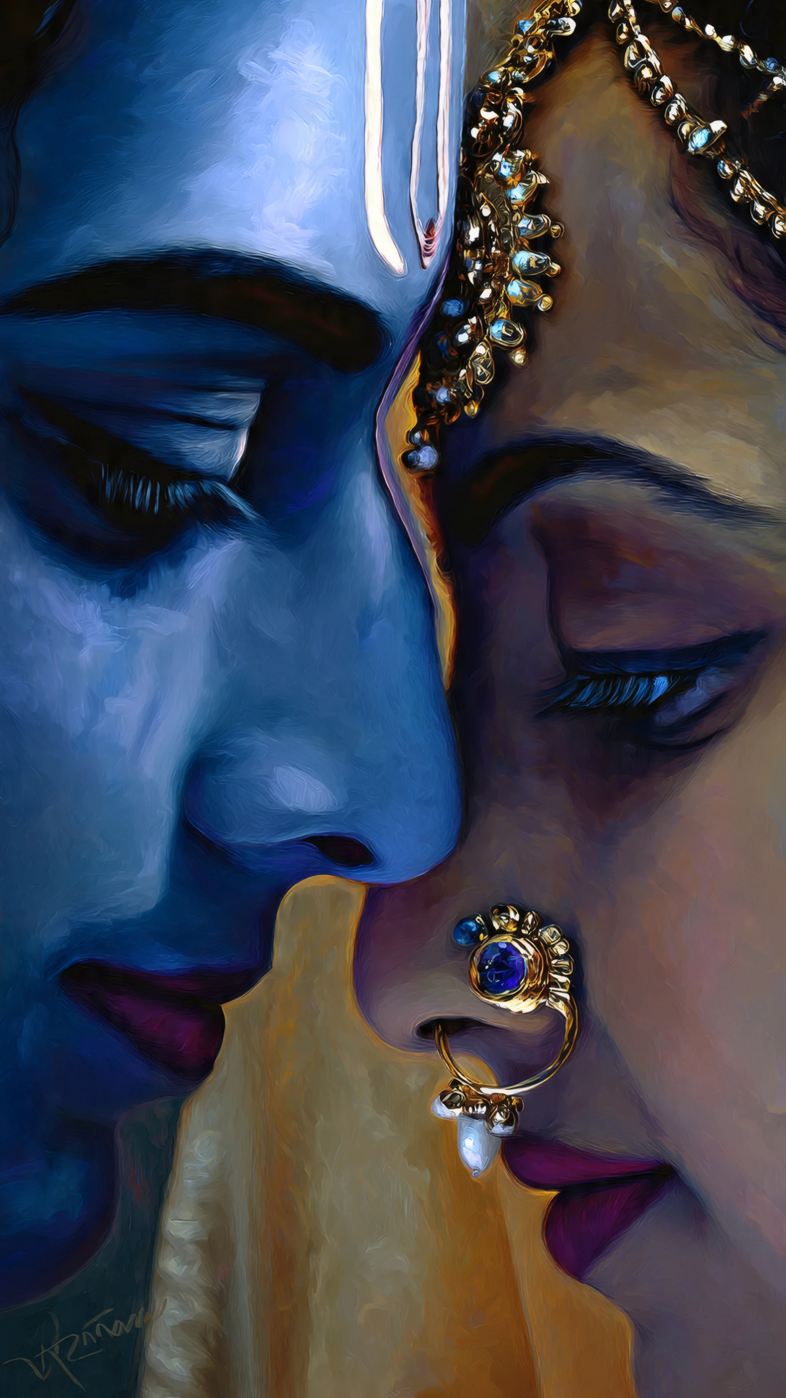 Close-up Painting of Lovers with Intricate Jewelry