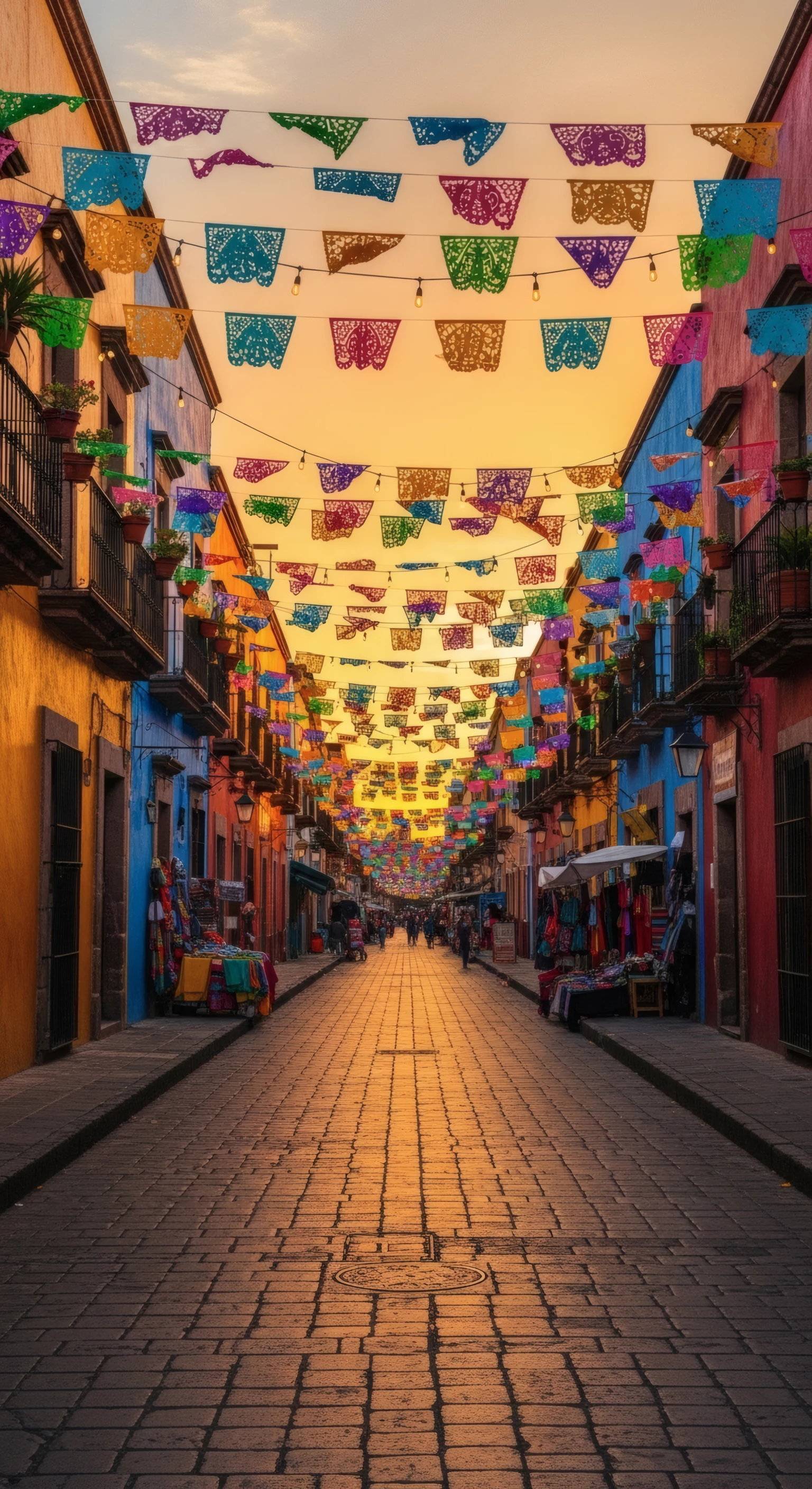 Cobblestone Street Festooned with Colorful Banners at Sunset