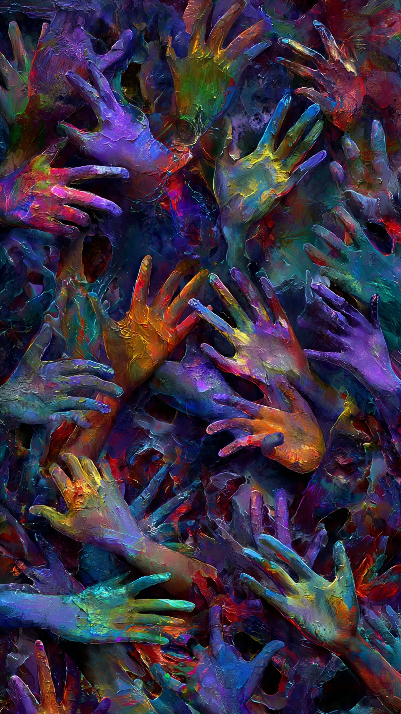 Colorful Abstract Painting of Hands in Vivid Hues