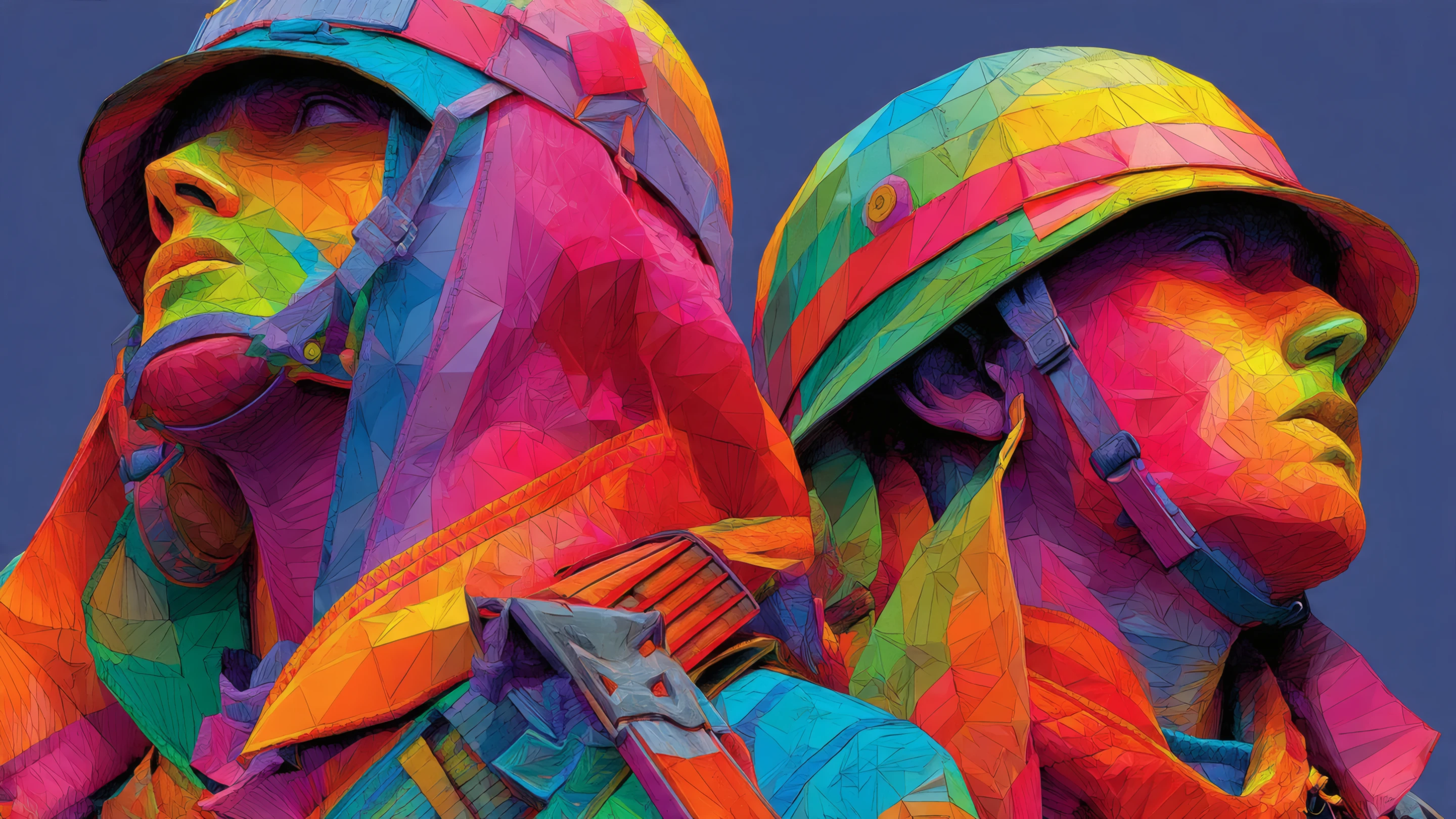 Colorful Abstract Soldiers with Helmets on Blue Background