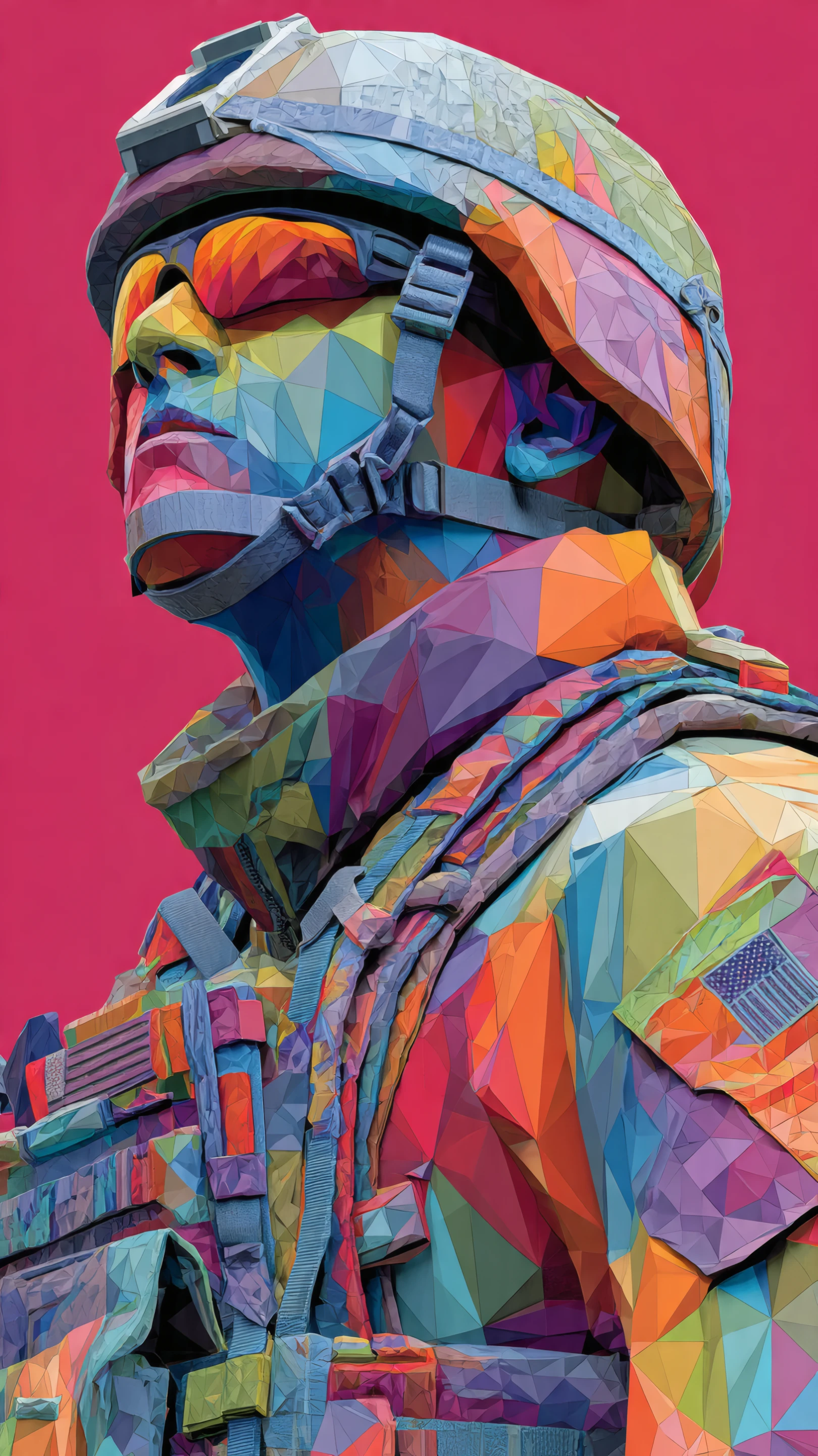 Colorful Polygonal Soldier Illustration on Pink Background