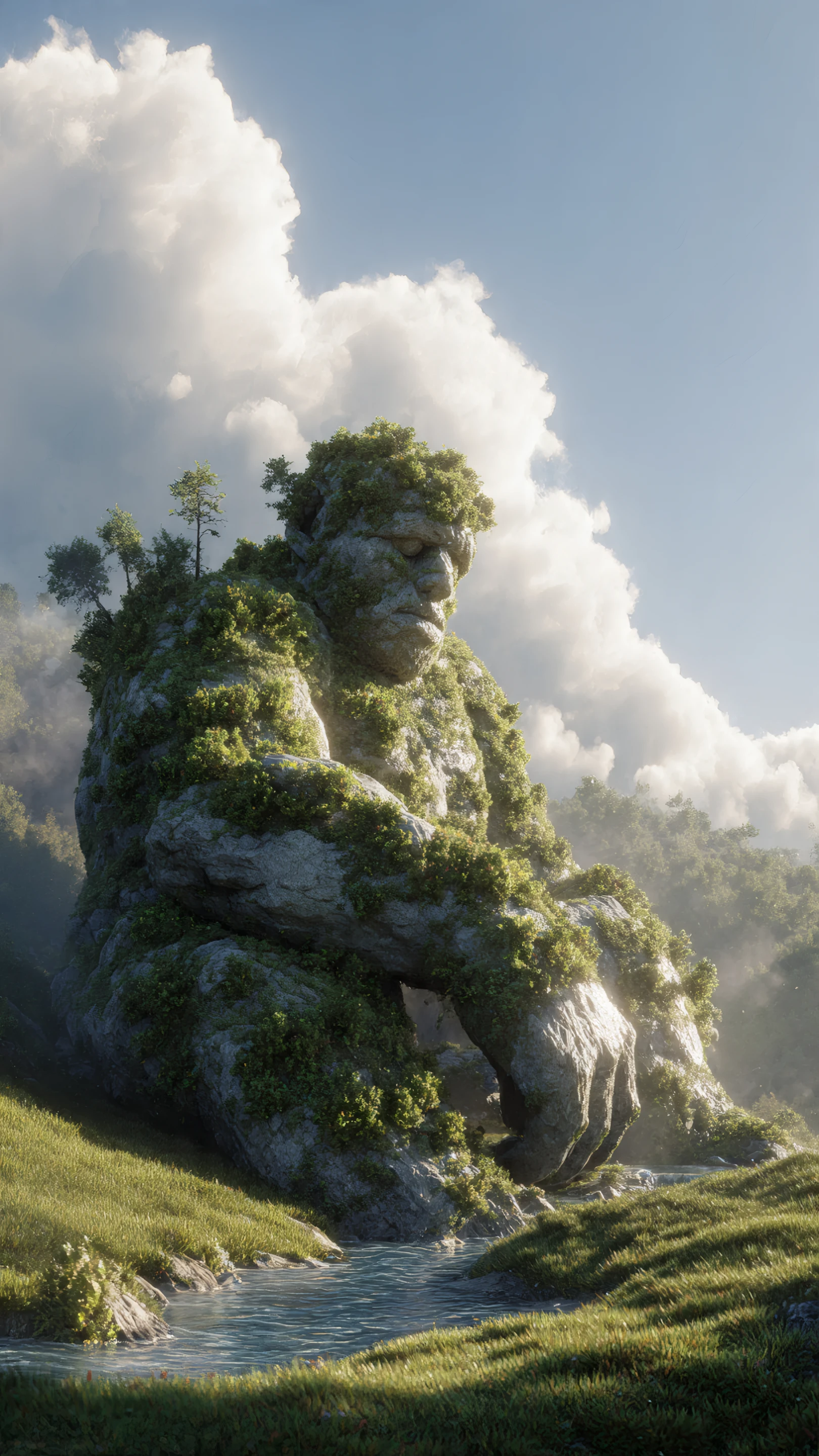 Contemplative Stone Giant Overlooking Verdant Valley