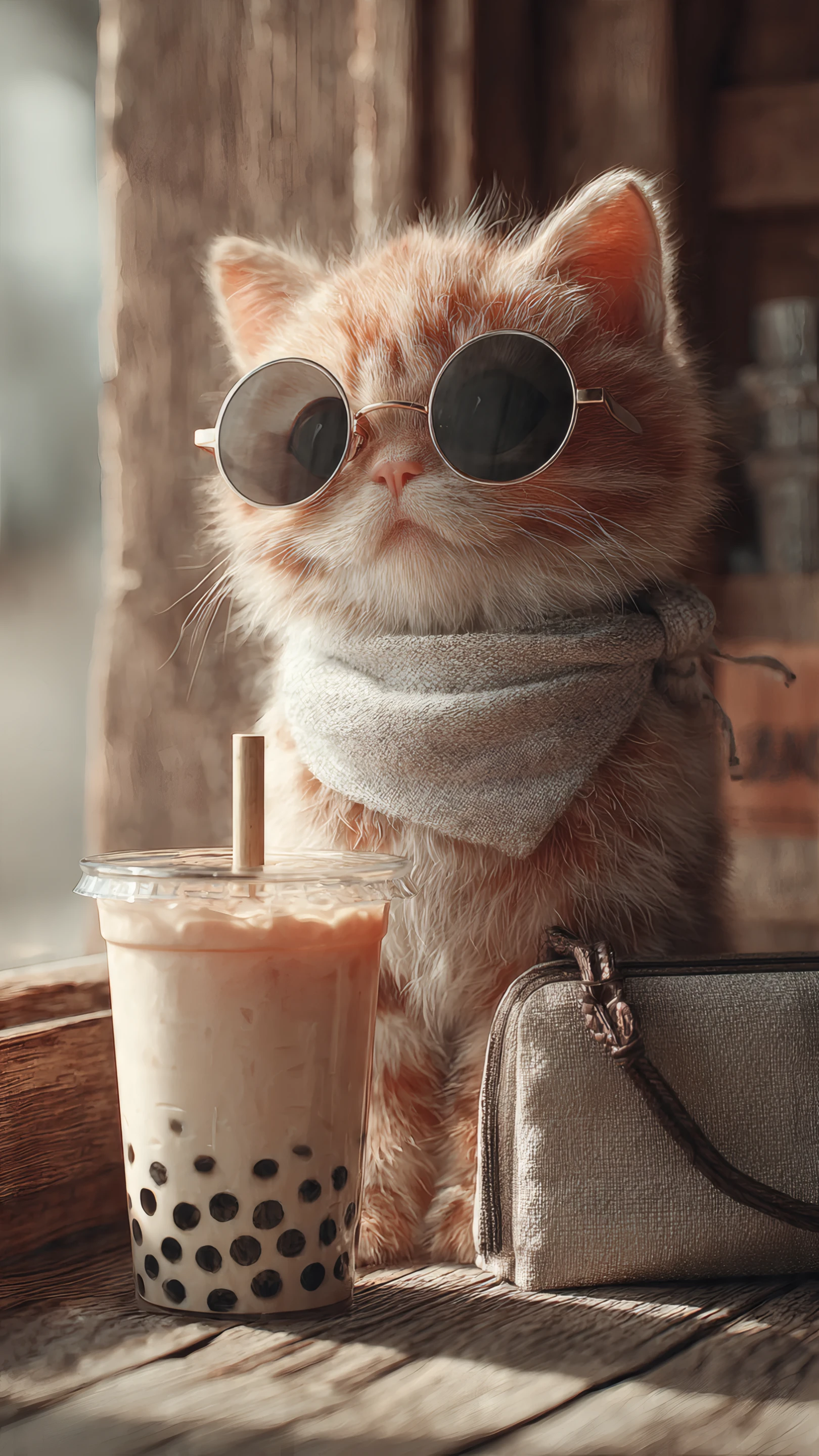 Cool Cat Sipping Boba Tea with Sunglasses