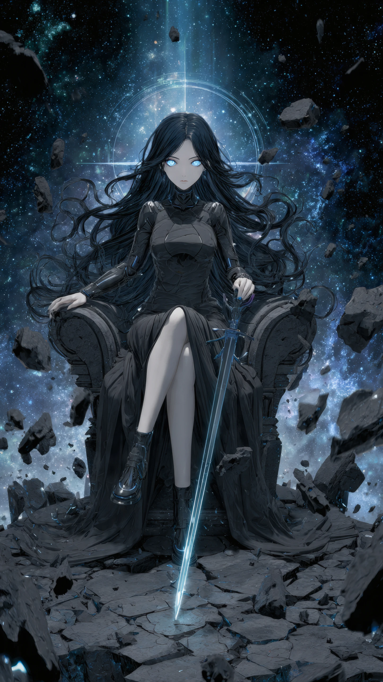 Cosmic Empress with Luminescent Sword on Throne