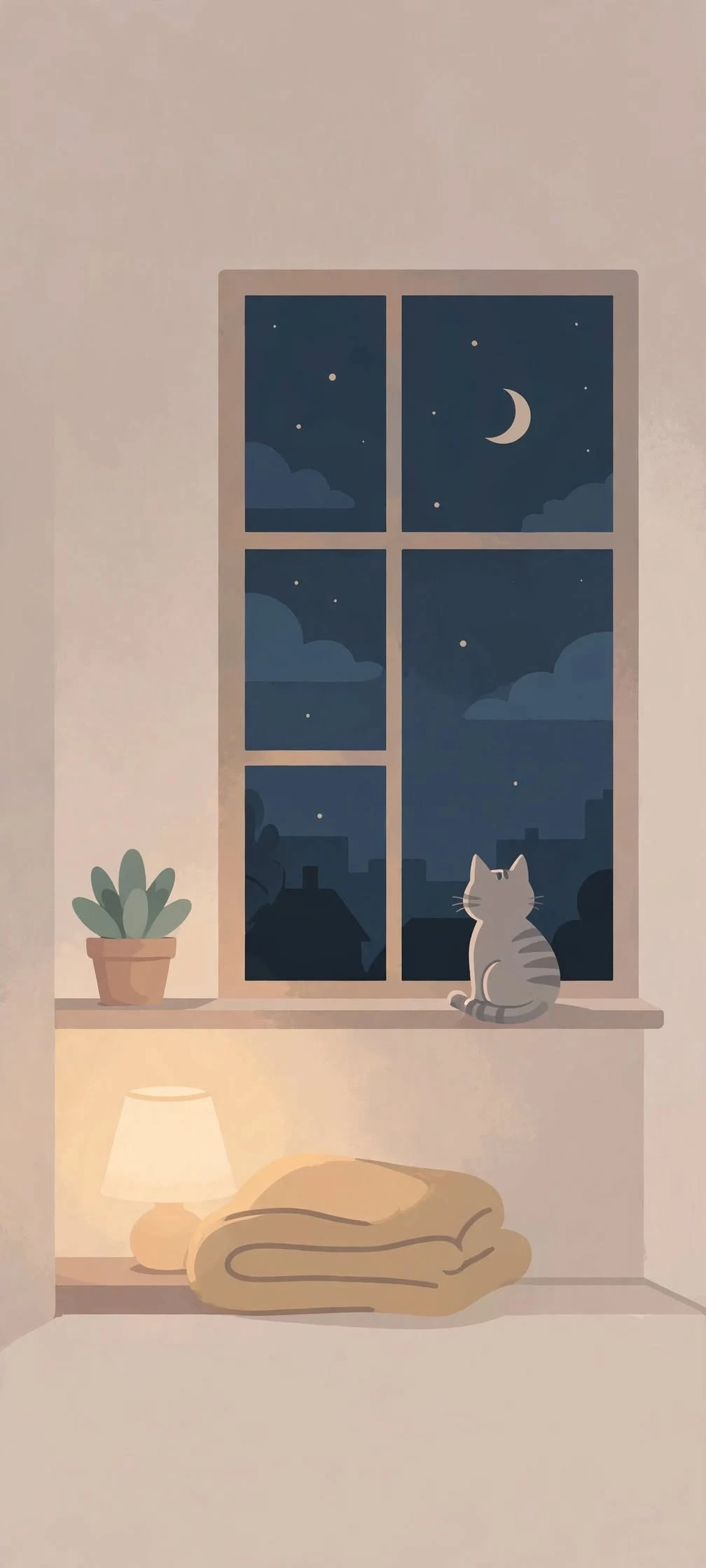 Cozy Cat Watching the Crescent Moon from a Quiet Bedroom Aesthetic wallpaper 1008x2240