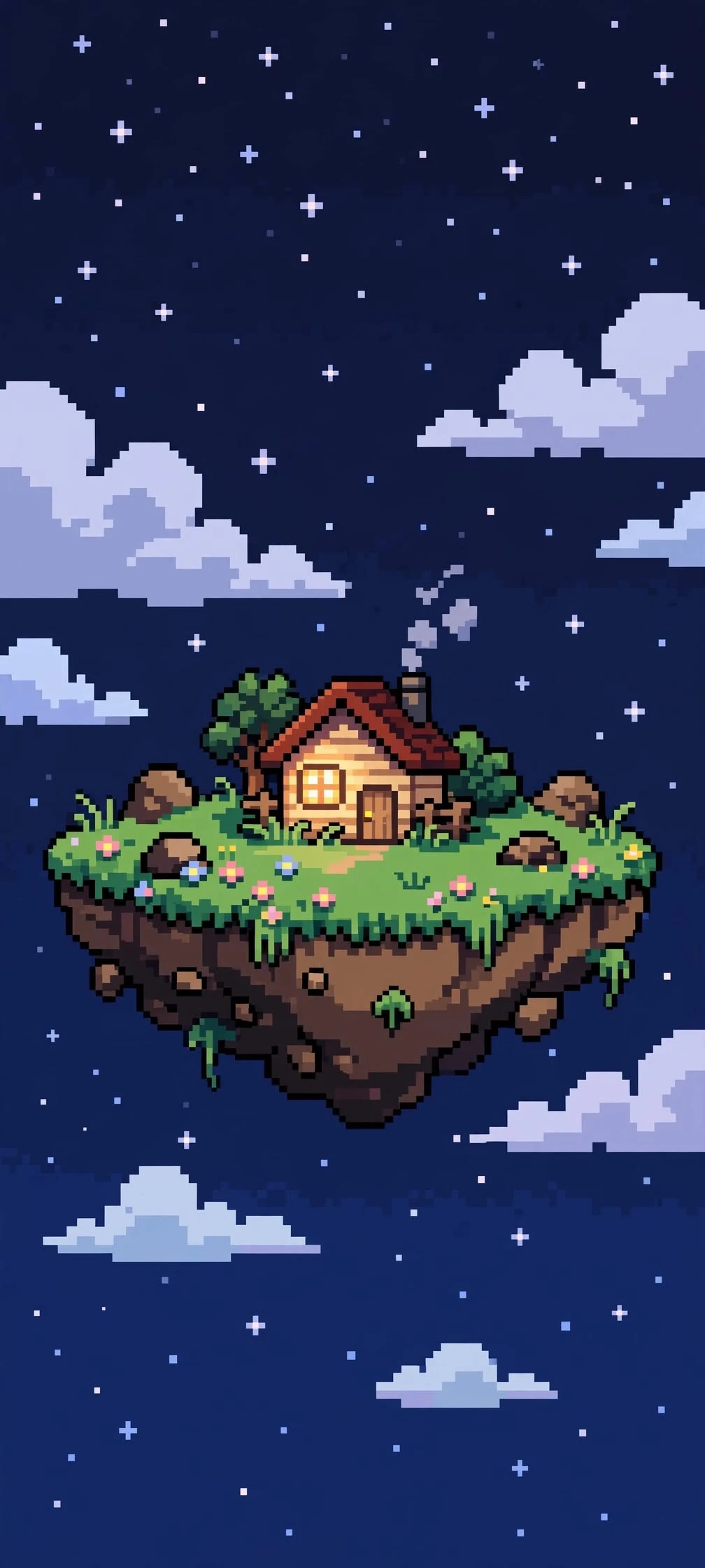 Cozy Pixel Art Cottage on a Floating Island at Night Fantasy wallpaper 1008x2240