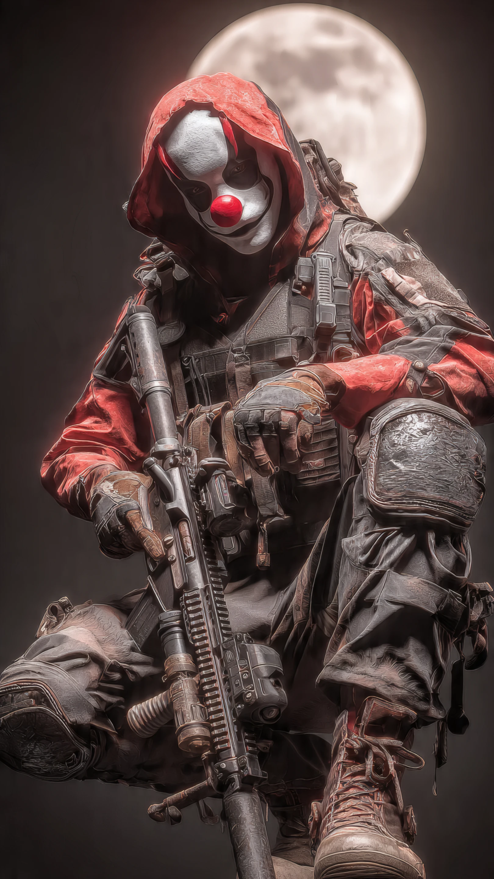 Creepy Clown Soldier with Red Hood and Rifle