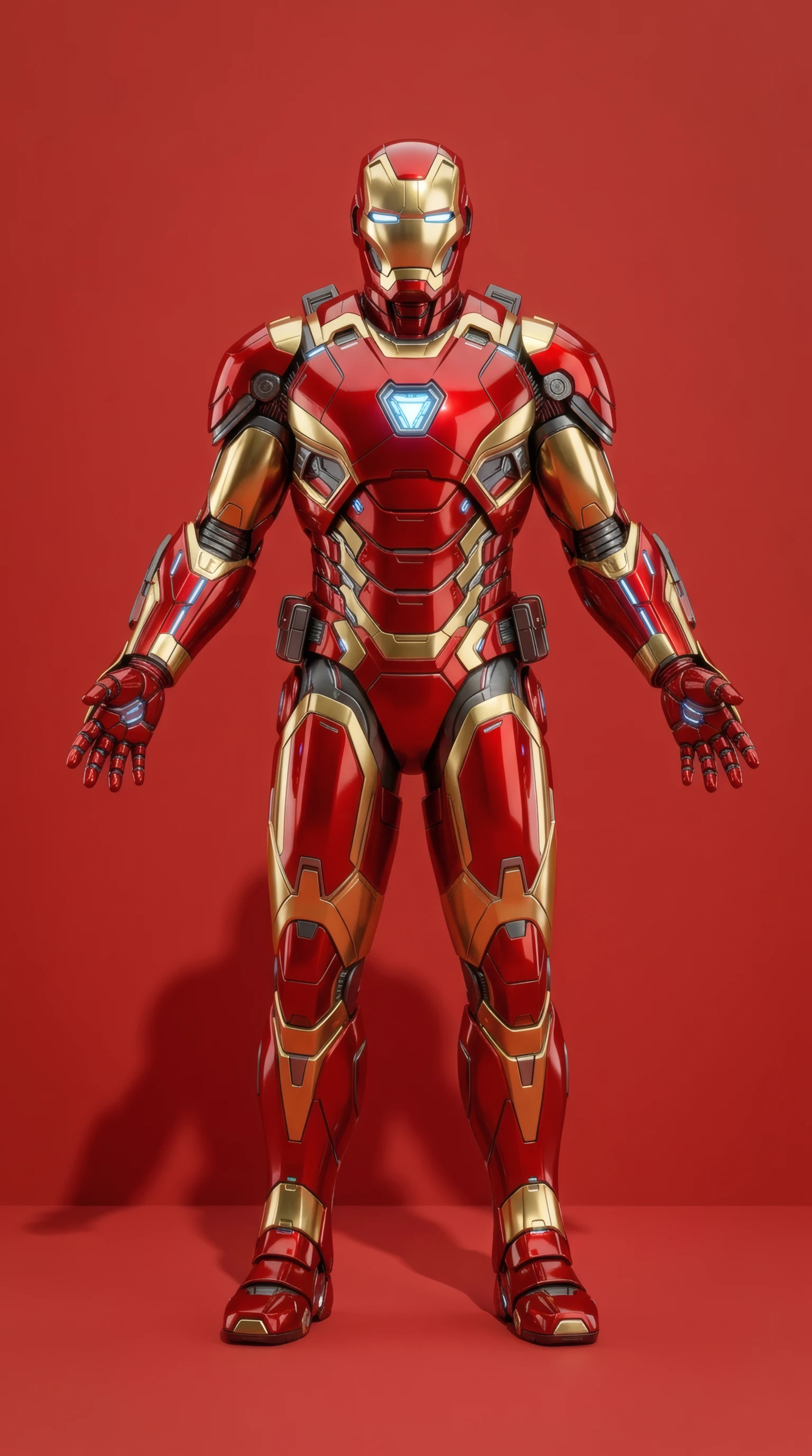 Crimson and Gold Iron Man Armor on Red Backdrop