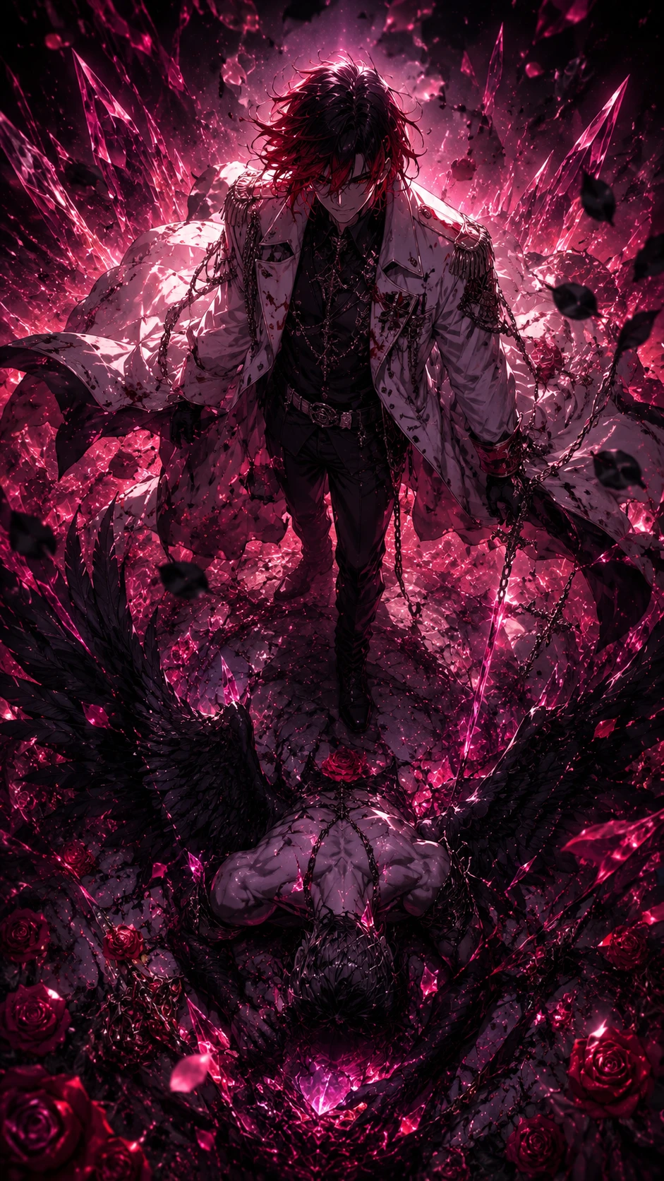Crimson Anime Hero in Chains and Roses wallpaper 941x1672