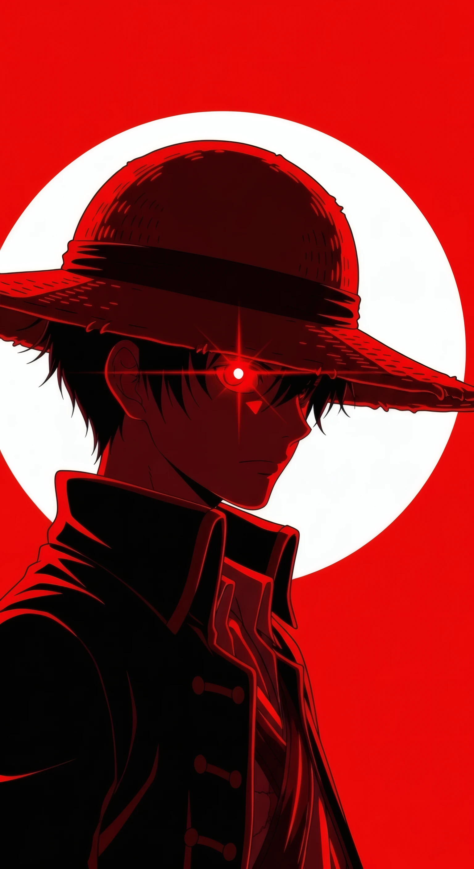 Crimson Anime Hero with Glowing Red Eye