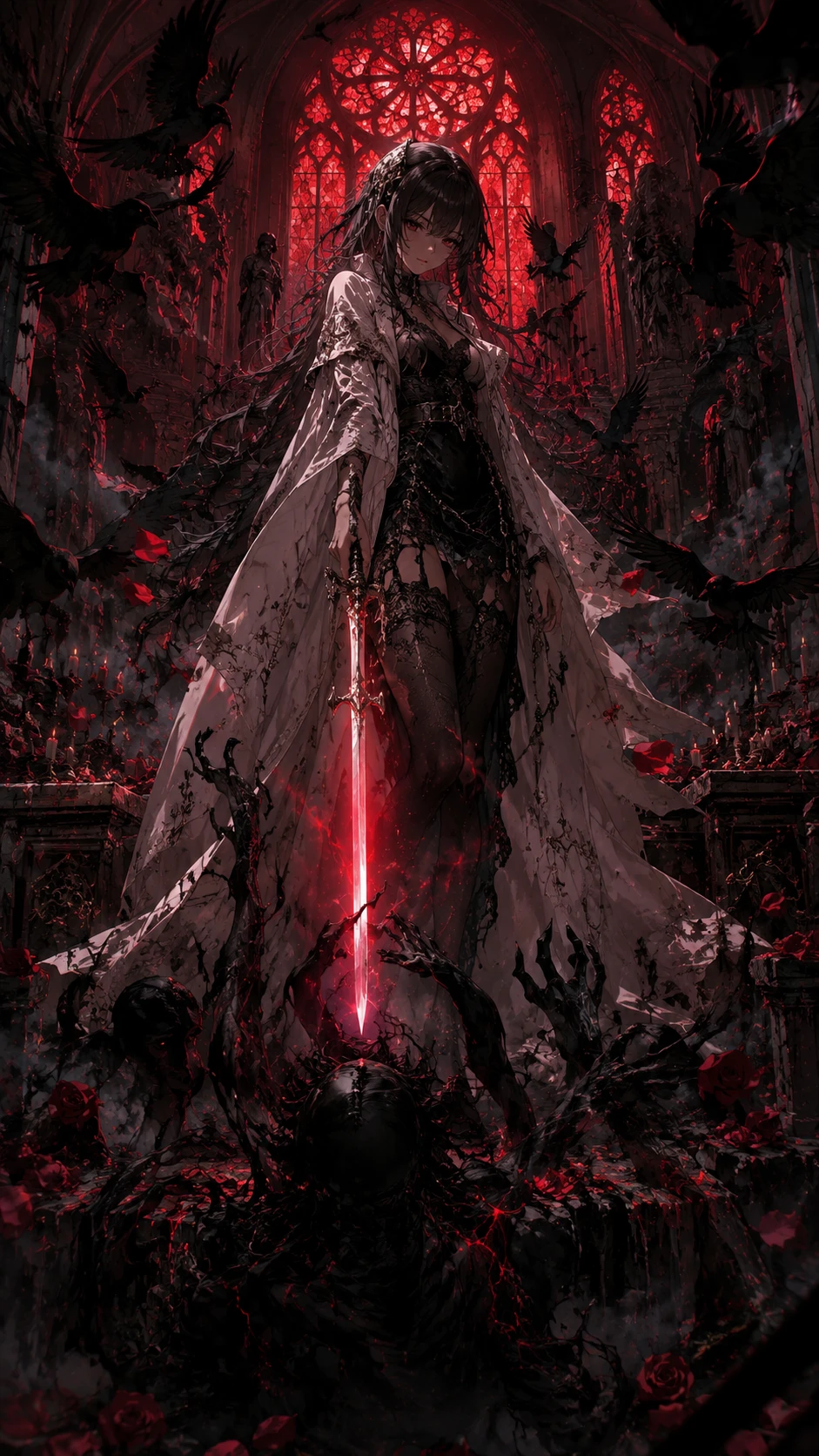 Crimson Blade Gothic Anime Girl in Dark Cathedral wallpaper 941x1672