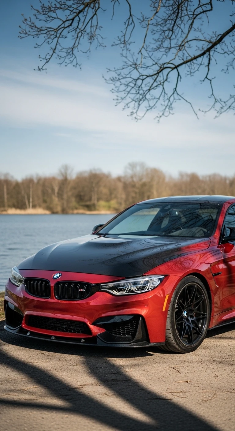 Crimson Bmw M4 with Black Hood by Lakeside