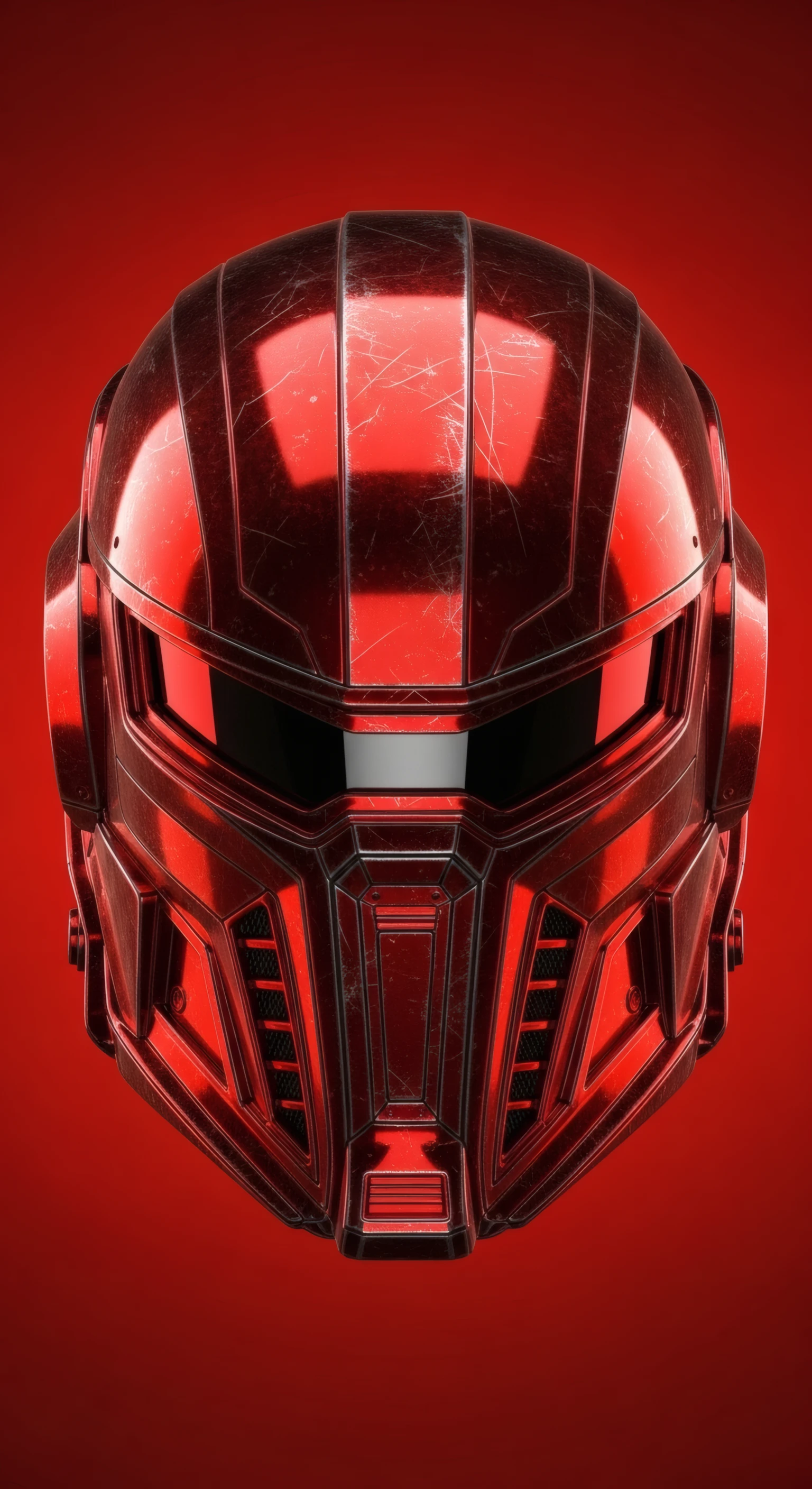 Crimson Chrome Sci-fi Helmet on Red Backdrop