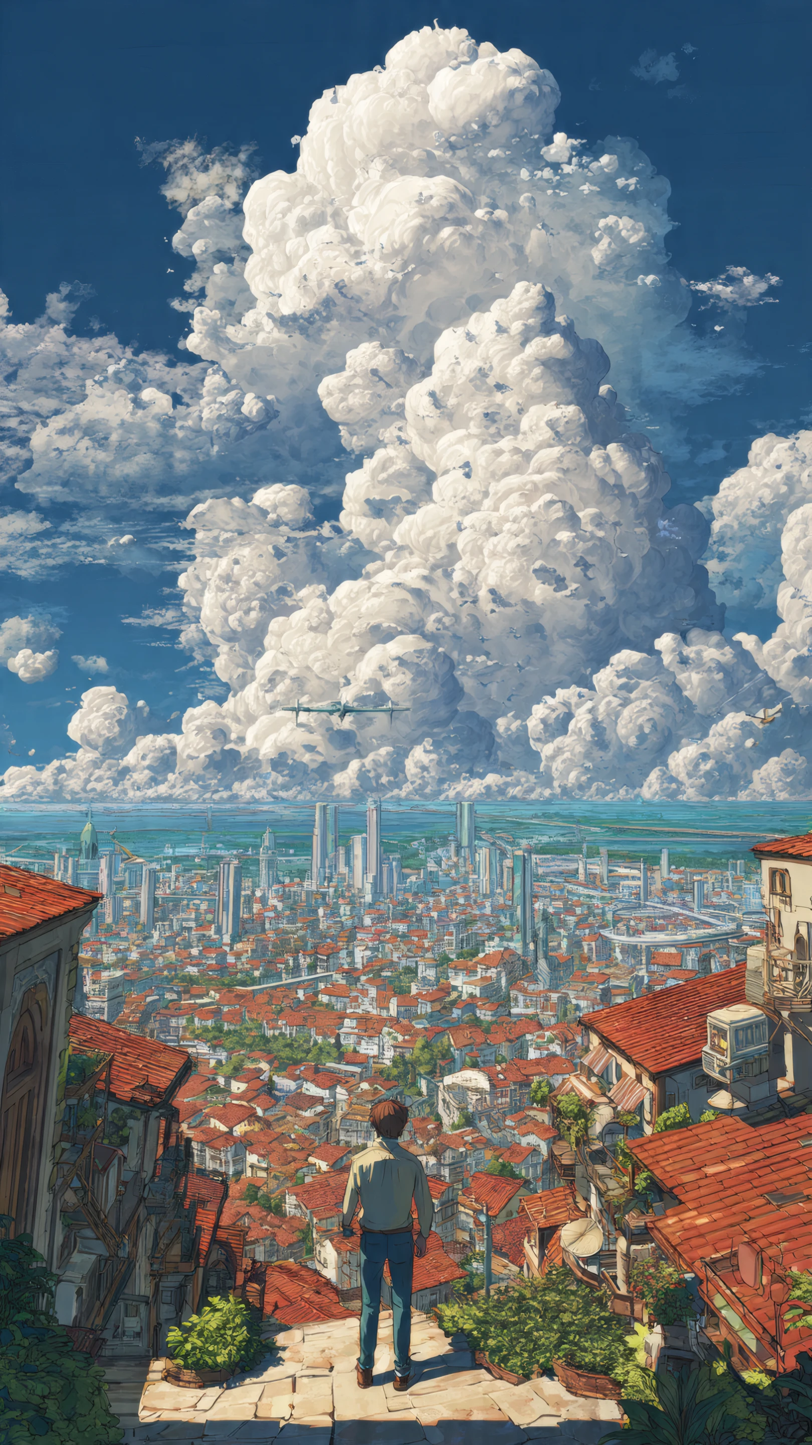 Crimson Desire Anime Cityscape Under Towering Cumulus Clouds