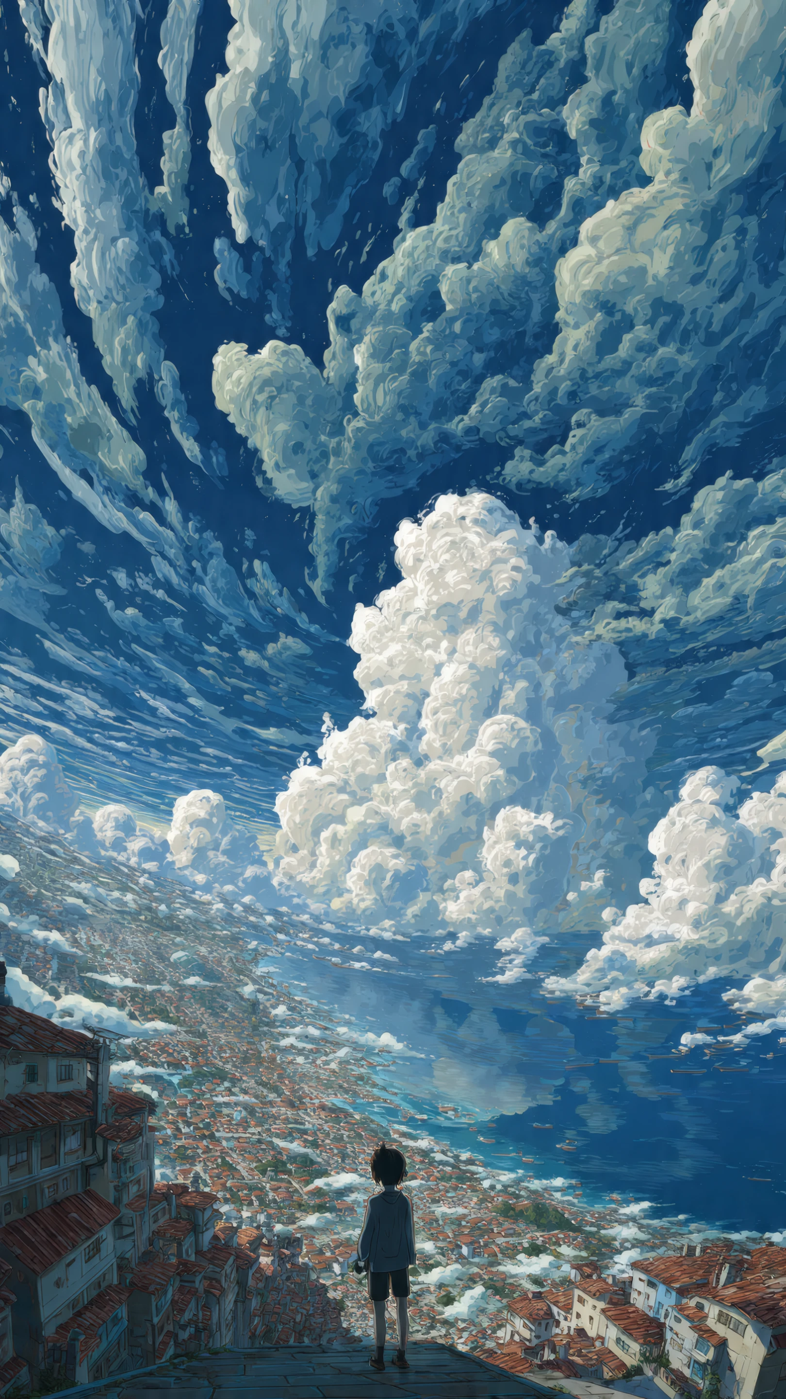 Crimson Desire Dreamy Cloudscape Cityscape with Boy Gazing