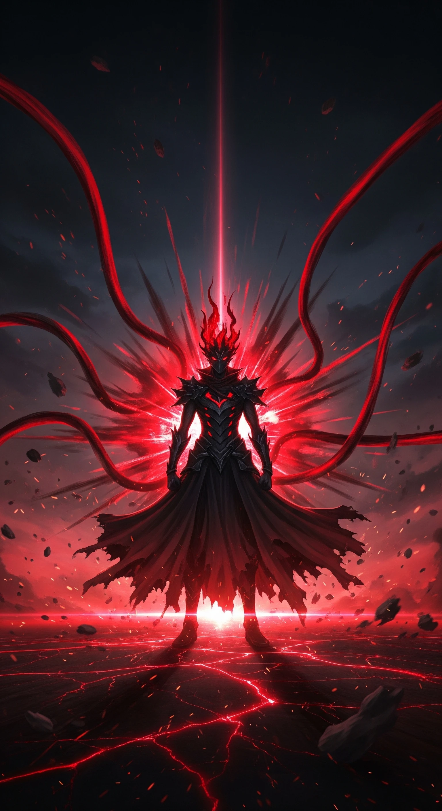 Crimson Fury Armored Figure in Red Energy Storm