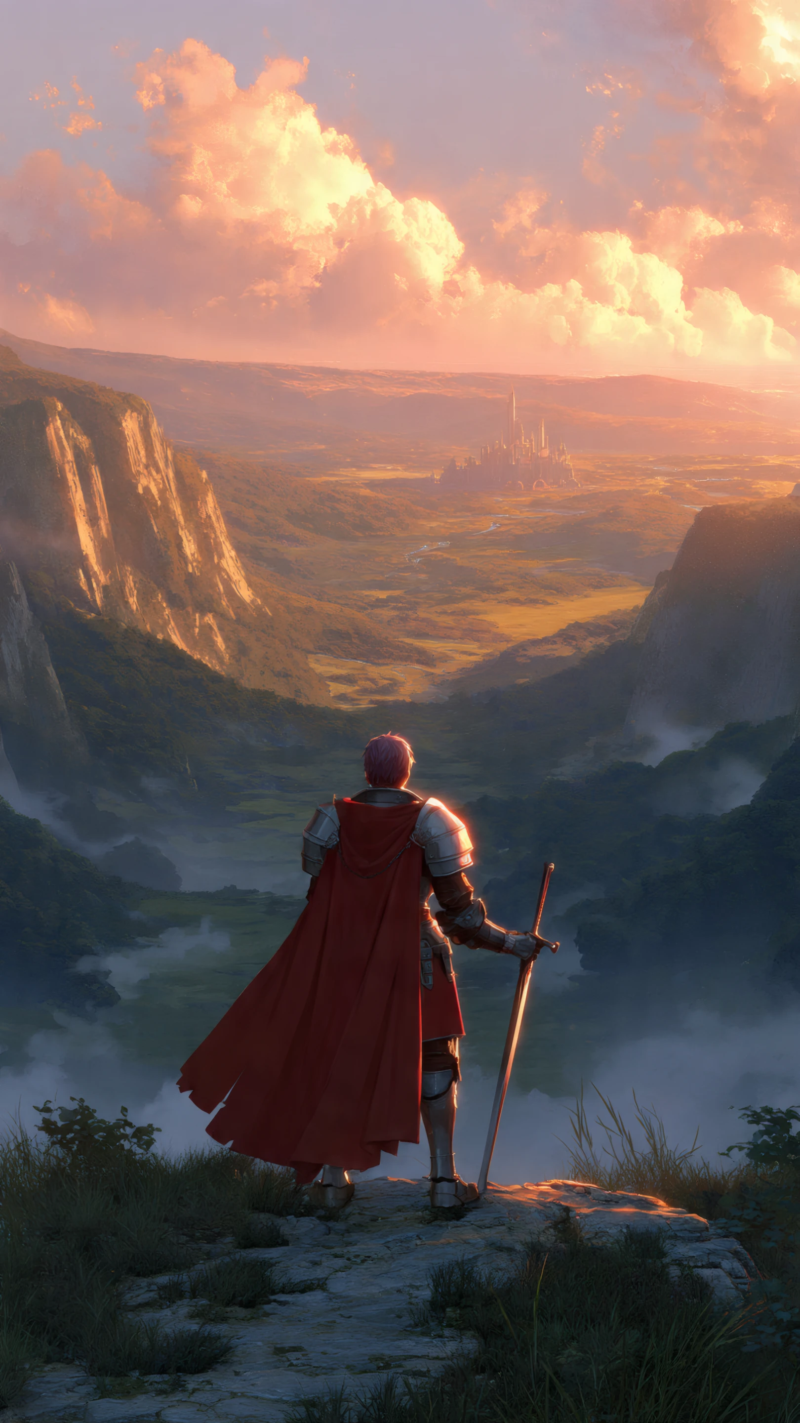 Crimson Knight Gazing at Distant Castle Sunset