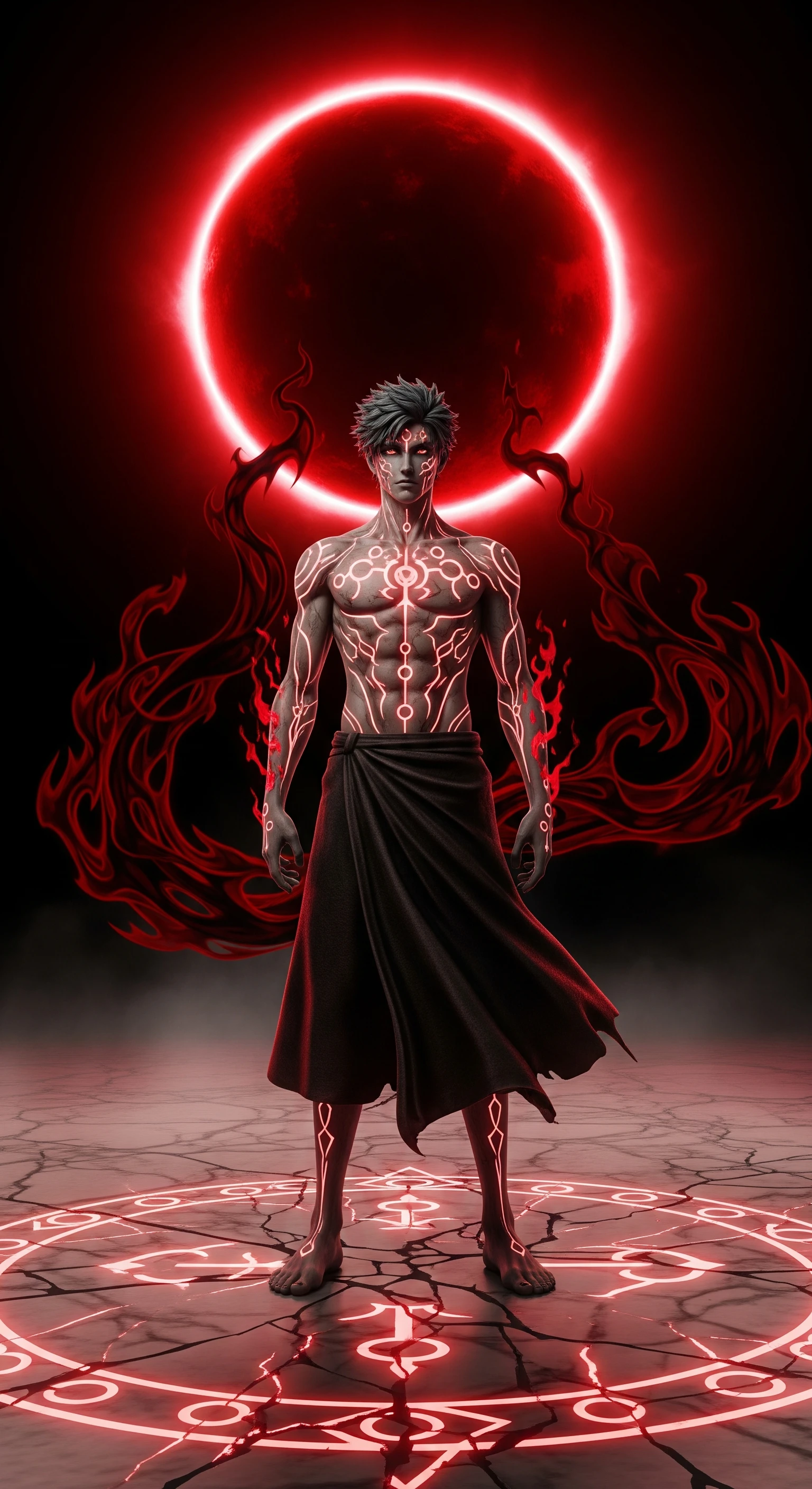 Crimson Marked Warrior Under a Red Eclipse