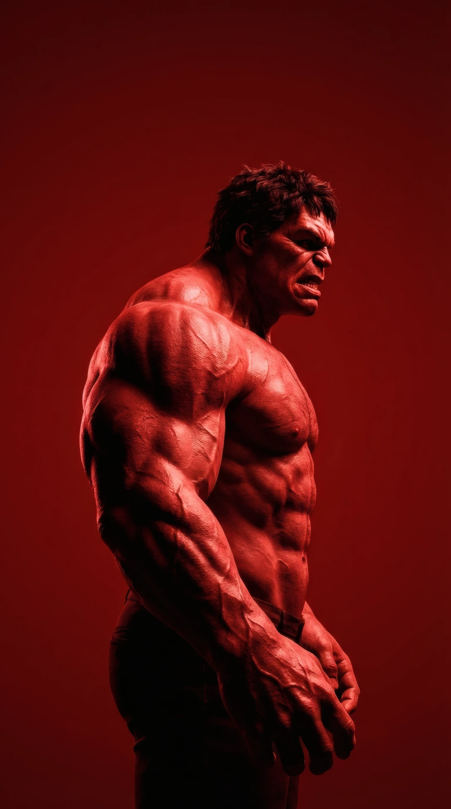 Crimson Rage Muscled Figure in Intense Red Lighting