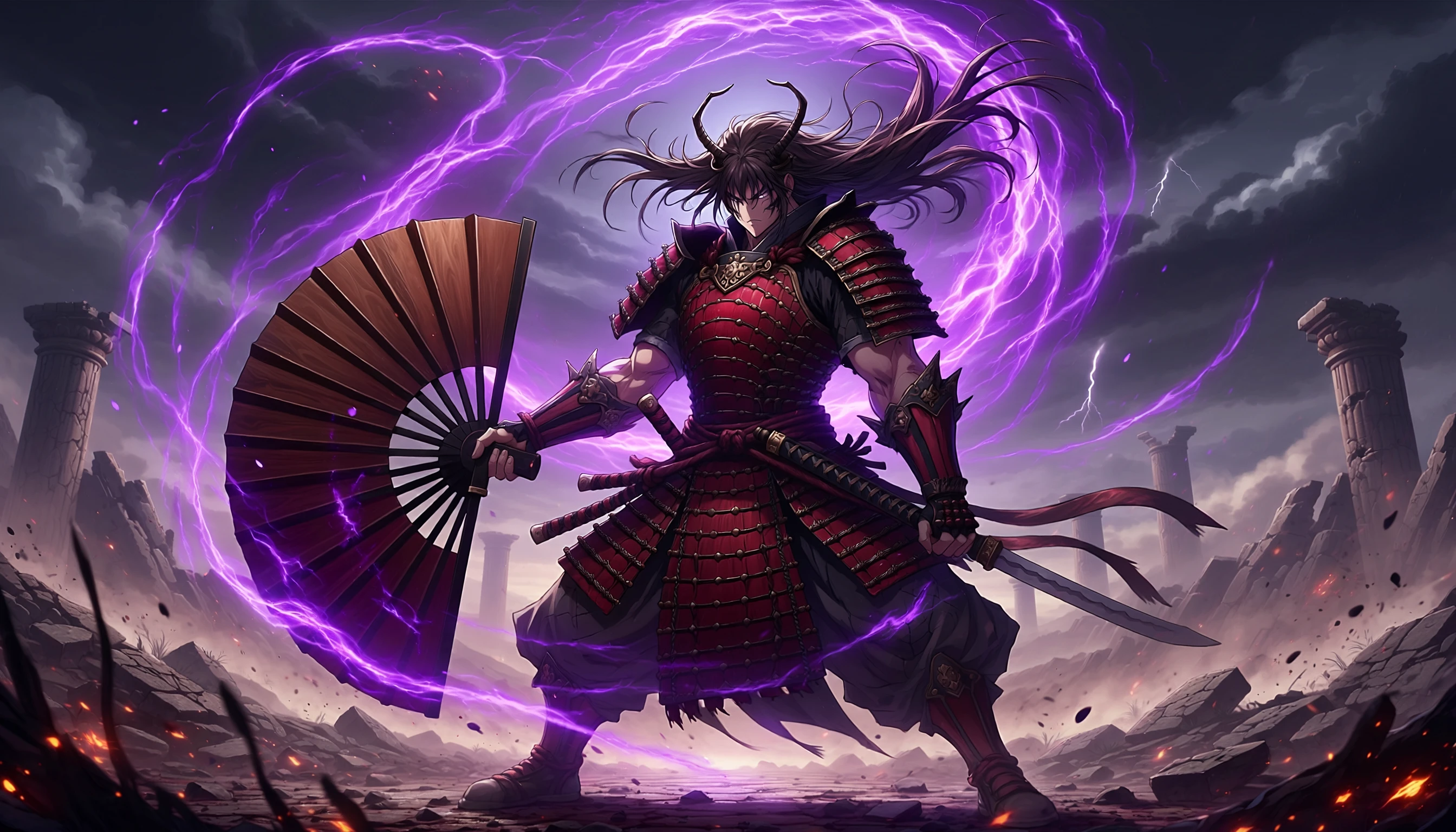 Crimson Samurai Amidst Purple Lightning Storm Anime wallpaper 2688x1536