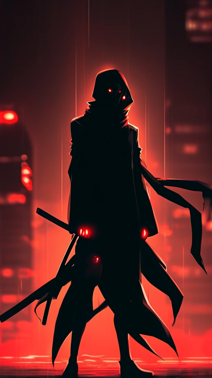 Crimson Silhouette Hooded Swordsman in Neon City