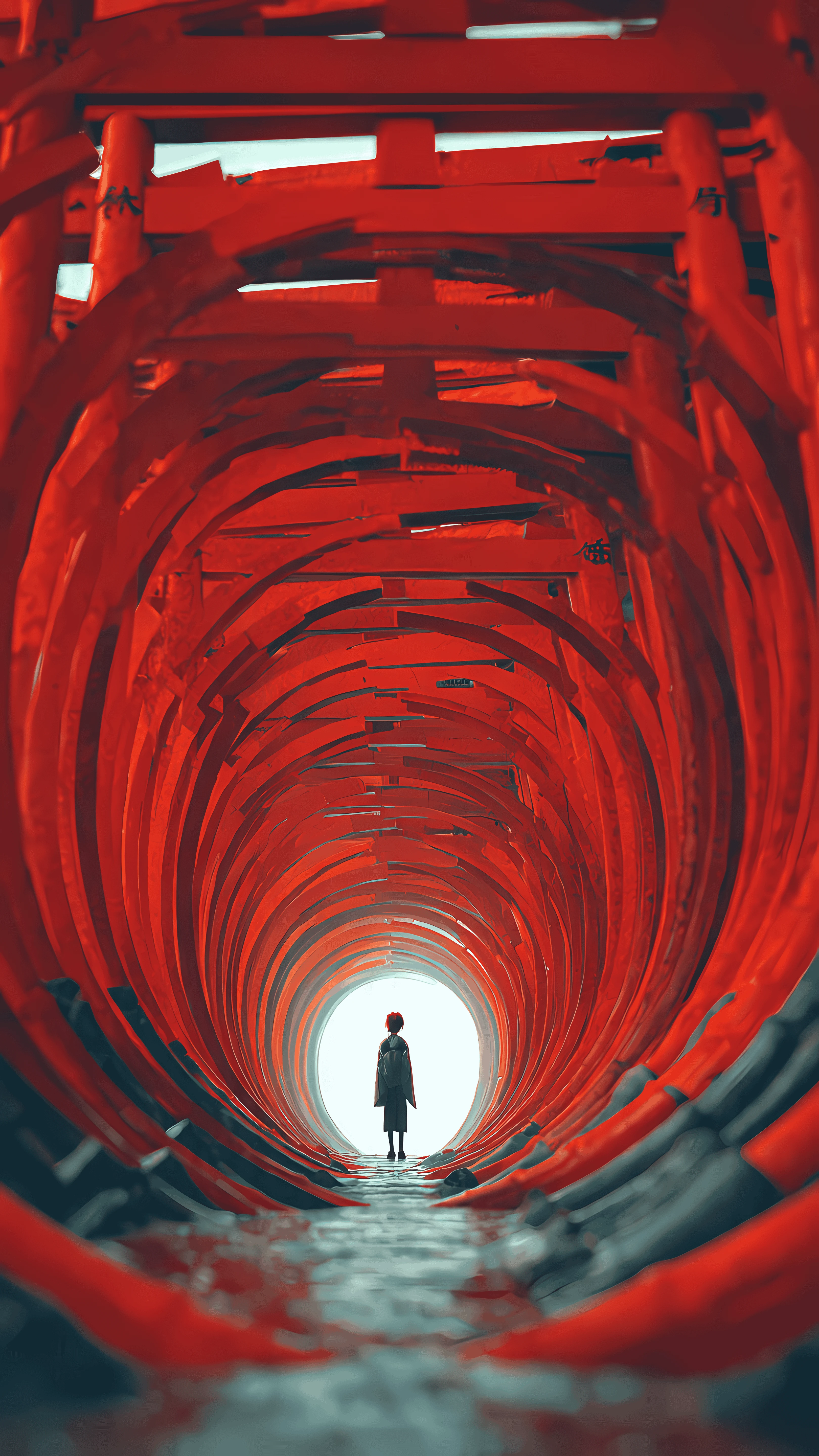 Crimson Torii Gate Tunnel with Distant Figure 4k